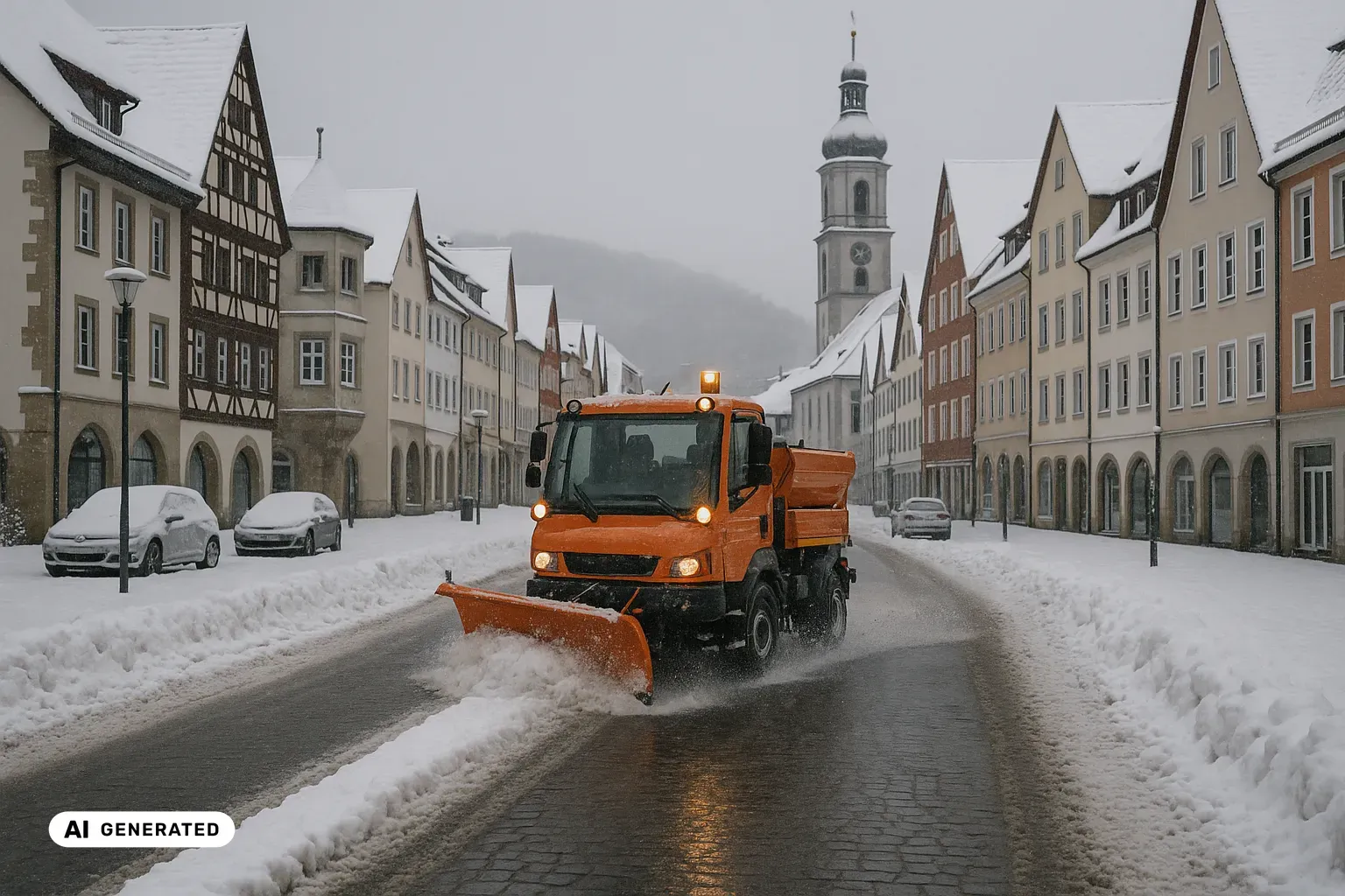Verschneiter Aalener Marktplatz mit geschlossenen Reihen schwäbischer Bürgerhäuser aus Fachwerk und verputzten Fassaden, dahinter der einzelne barocke Turm der Stadtkirche St. Nikolaus mit welscher Haube über den tief verschneiten roten Ziegeldächern; im Vordergrund räumt ein orangefarbener kommunaler Unimog-Geräteträger mit Frontpflug eine Spur frei, dazu Schneewälle an den Rändern und die sanft bewaldeten Höhen der Ostalb im Hintergrund. (KI-generiertes Bild)