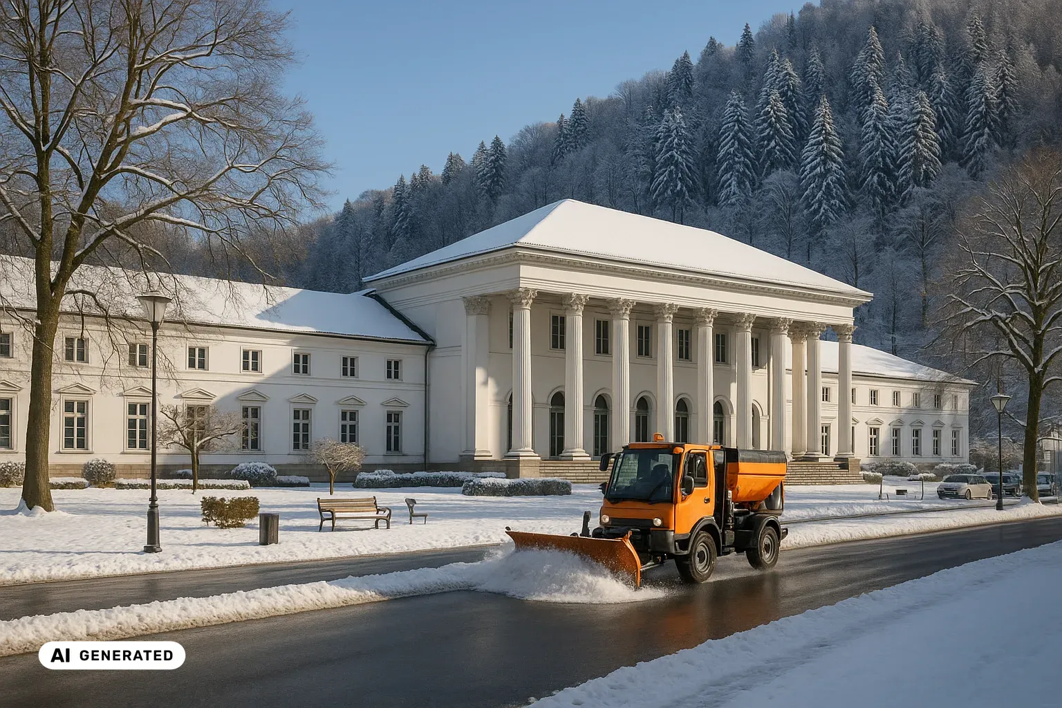 Winterlicher Blick von der geräumten Kaiserallee schräg auf das Kurhaus Baden-Baden: ein langgestreckter weißer klassizistischer Bau, dessen vorspringende Säulenhalle von acht hohen korinthischen Säulen mit Akanthuskapitellen getragen wird; darüber ein schlichter Dreiecksgiebel ohne Inschrift, links und rechts zwei niedrigere Flügel unterschiedlicher Länge mit hochrechteckigen Fenstern. Davor liegt der Kurgarten mit alten kahlen Parkbäumen, verschneiten Hecken und einer Parkbank. Im Vordergrund räumt ein orangefarbener kommunaler Geräteträger mit Frontpflug und Streuaufbau die Fahrbahn frei, der geräumte Asphalt glänzt nass. Unmittelbar hinter der Stadt steigt ein steiler, dicht bewaldeter Schwarzwaldhang auf, dessen Nadelbäume deutlich stärker verschneit sind als der Talboden darunter. Klarer, kalter Sonnentag mit tiefblauem Himmel. (KI-generiertes Bild)