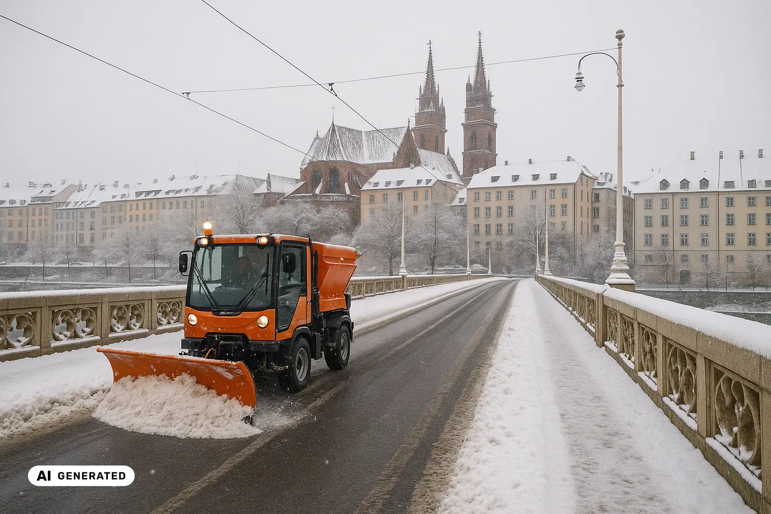 Blick über die geräumte Fahrbahn einer breiten Steinbrücke bei dichtem Schneefall. Beidseits begrenzen massive helle Natursteinbrüstungen die Fahrbahn; ihre Oberkante trägt ein durchbrochenes Ornamentband aus Vierpassformen und ist geschlossen mit Schnee bedeckt. Rechts steht ein schlanker heller Kandelaber mit gebogenem Arm, quer über die Fahrbahn spannen sich Fahrleitungsdrähte. In der Mitte ist eine Spur schwarz geräumt und nass, daneben liegen niedrige Schneewälle, die übrige Fahrbahn ist noch weiss. Am gegenüberliegenden Ufer reihen sich vier- bis fünfgeschossige Bürgerhäuser mit cremefarbenen und ockerfarbenen Fassaden und tief verschneiten Dächern, davor kahle Bäume. Darüber erheben sich die beiden schlanken Türme eines gotischen Münsters aus rotem Sandstein mit filigranem Masswerk und spitzen Helmen. Im Vordergrund schiebt ein orangefarbenes kommunales Räumfahrzeug mit Frontpflug eine Walze frischen Schnees zur Seite. (KI-generiertes Bild)
