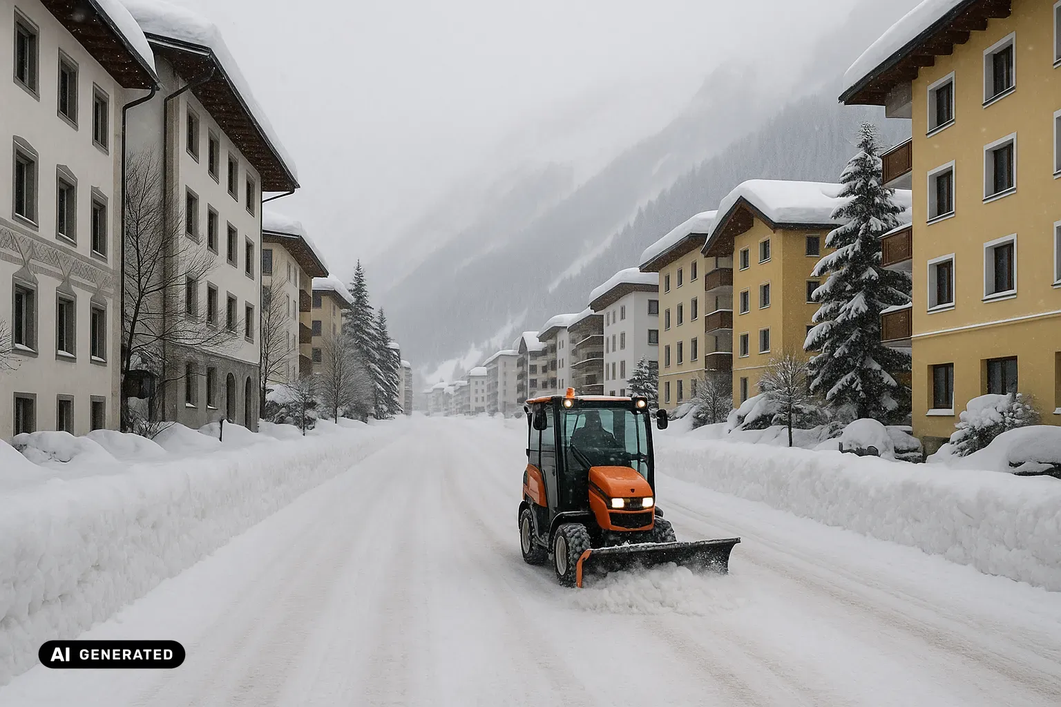 Blick bei leichtem Schneefall eine breite Hauptstrasse eines hochgelegenen Alpenorts hinunter. Die Fahrbahn ist nicht schwarz geräumt, sondern trägt über die ganze Breite eine festgefahrene weisse Schneedecke mit ausgefahrenen Reifenspuren. An beiden Rändern stehen hohe, kompakte Schneewälle, die die Trottoirs und Vorgärten überragen. Beidseits reihen sich vier- bis sechsgeschossige Kur- und Hotelbauten mit cremefarbenen, weissen und ockergelben Putzfassaden, flach geneigten Dächern und weit überstehenden Traufen, auf denen dicke Schneepolster liegen; ein Gebäude links trägt graue geometrische Sgraffito-Ornamente. Zwischen den Häusern stehen kahle Laubbäume und schneebeladene Nadelbäume. Unmittelbar hinter den Dächern steigt eine steile Talflanke mit dichtem verschneitem Nadelwald auf und geht in tief hängende graue Wolken über. In der Bildmitte schiebt ein kompaktes orangefarbenes kommunales Räumfahrzeug mit Frontpflug frischen Schnee zur Seite. (KI-generiertes Bild)