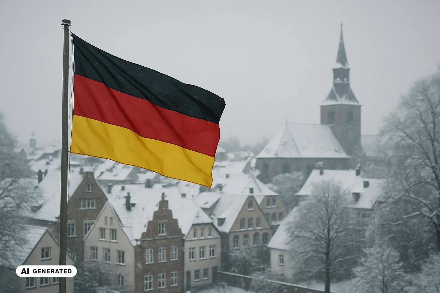 Eine Deutschland-Flagge in Schwarz-Rot-Gold weht vor den verschneiten Giebeldächern und dem Kirchturm einer winterlichen deutschen Altstadt bei leichtem Schneefall. (KI-generiertes Bild)