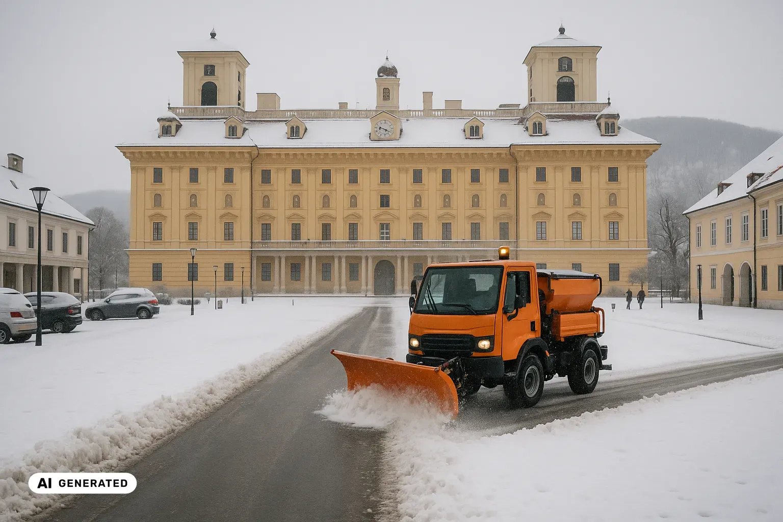 Winterlicher Blick über den weiten, verschneiten Schlossplatz von Eisenstadt: Im Vordergrund räumt ein orangefarbener kommunaler Geräteträger mit Frontpflug und Streuaufbau eine Bahn über die offene Platzfläche frei, links und rechts Schneewälle. Dahinter die breite gelbe Schauseite von Schloss Esterházy mit Pilastergliederung, Balustrade, Turmuhr im Mittelrisalit und den zwei hellen Ecktürmen, links die niedrige Kolonnadenfront der ehemaligen Stallungen. Im Hintergrund der niedrige, bewaldete Rücken des Leithagebirges im Schneetreiben unter grauem Himmel. (KI-generiertes Bild)
