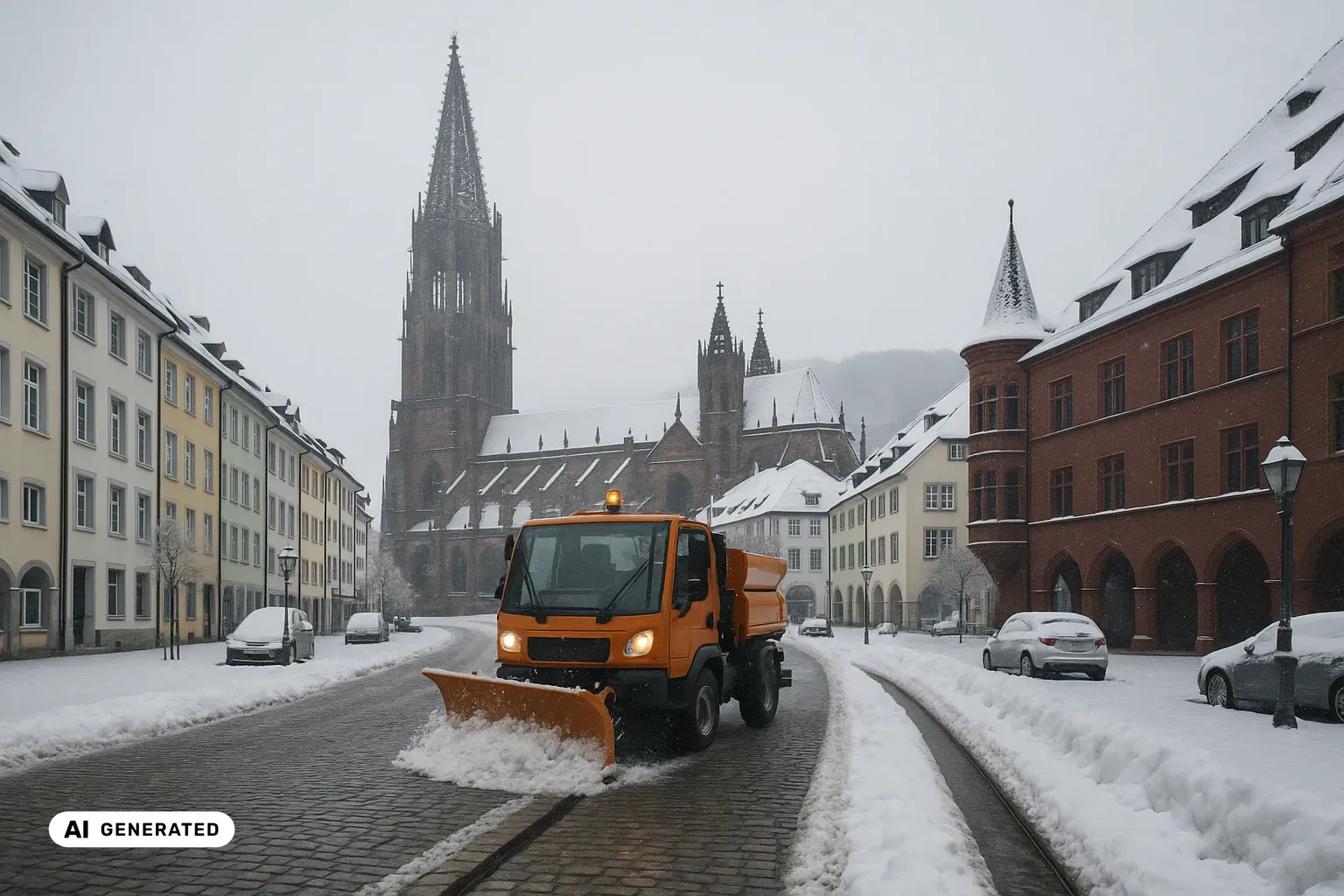 Winterlicher Blick über eine verschneite Gasse der Freiburger Altstadt auf das gotische Freiburger Münster aus rötlichem Sandstein mit seinem einzelnen Westturm und dem durchbrochenen, filigranen Maßwerk-Turmhelm; rechts ein dunkelrotes Arkadengebäude mit Ecktürmchen, im Hintergrund die bewaldeten Schwarzwaldhöhen, im Vordergrund ein orangefarbenes kommunales Streufahrzeug mit Frontpflug auf gepflasterter Straße mit Straßenbahngleisen, dazu Schneewälle und leichter Schneefall. (KI-generiertes Bild)