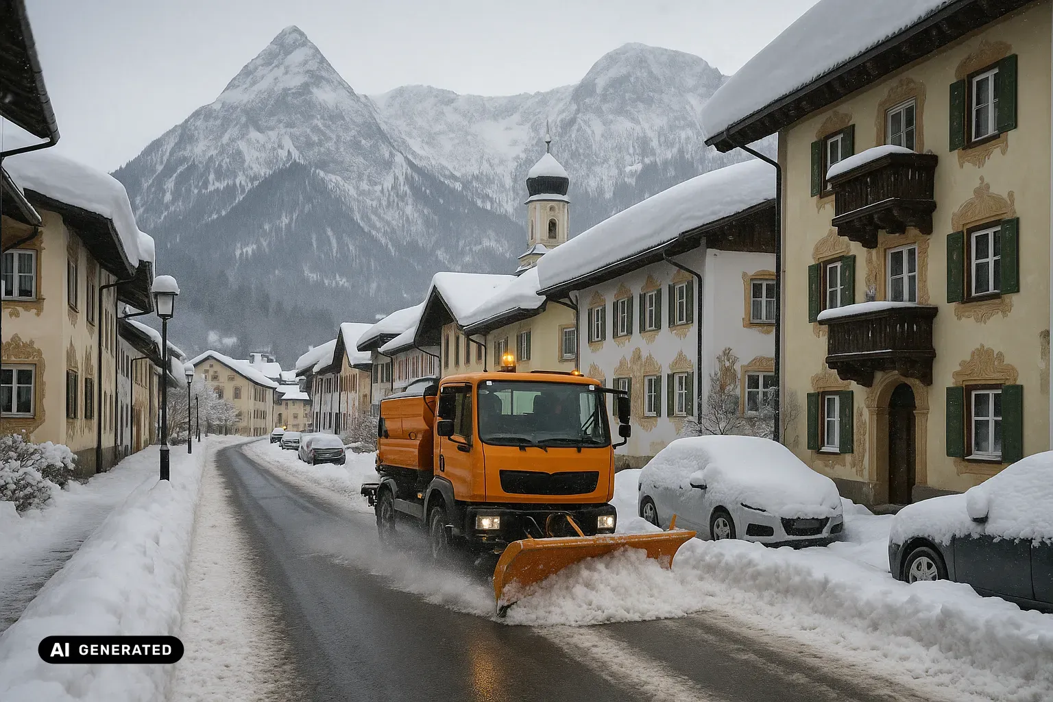 Verschneite oberbayerische Altstadtgasse in Garmisch-Partenkirchen mit bemalten Lüftlmalerei-Fassaden, breiten Holzbalkonen und flach geneigten, tief verschneiten Schindeldächern; im Vordergrund räumt ein orangefarbener kommunaler Unimog-Geräteträger mit Frontpflug eine Fahrspur frei, dazu Schneewälle an den Rändern, während über den Dächern die steilen grauen Kalkwände des Wettersteingebirges mit der pyramidenförmigen Alpspitze aufragen. (KI-generiertes Bild)