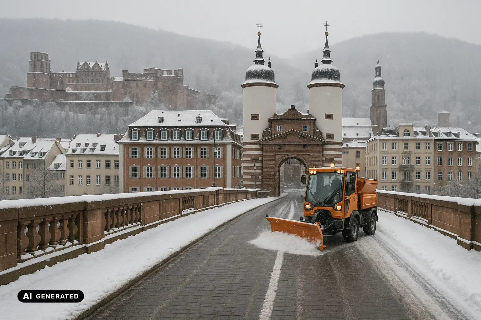 Winterlicher Blick über die schneebedeckte Fahrbahn der Alten Brücke in Heidelberg auf das Brückentor: zwei schlanke runde Türme mit hell verputzten Schäften und dunklen, bauchigen barocken Hauben mit Laternen, dazwischen ein Torbau aus rotem Sandstein mit hohem Rundbogen. Die Brückenbrüstung aus rotem Sandstein trägt balusterbesetzte Balkone über den Pfeilern und eine geschlossene Schneeauflage. Rechts hinter dem Tor ragt ein Kirchturm mit achteckigem Glockengeschoss und barocker Haube auf, daneben reihen sich verputzte Altstadthäuser gleicher Traufhöhe mit schneebedeckten Dächern. Über der Stadt liegt auf einem bewaldeten Hang die weitläufige Ruine des Heidelberger Schlosses mit dachlosen Mauern, leeren Fensterreihen und abgebrochenen Turmstümpfen. Im Vordergrund räumt ein orangefarbenes kommunales Räumfahrzeug mit Frontpflug und Streuaufbau eine Bahn frei. Dichter Schneefall, diesiger Wintermorgen. (KI-generiertes Bild)