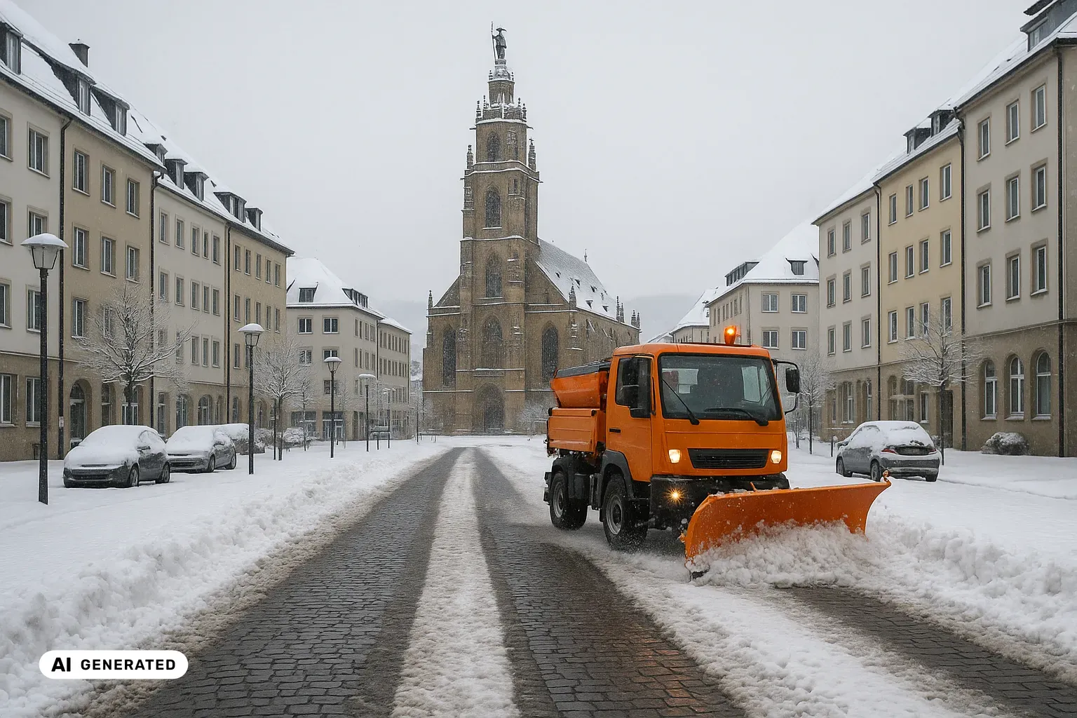 Winterlicher Blick über den verschneiten Heilbronner Marktplatz auf die spätgotische Kilianskirche aus hellem Sandstein mit ihrem reich verzierten Renaissance-Turm, den oben die stehende Steinfigur eines gewappneten Landsknechts krönt; im Vordergrund räumt ein orangefarbenes kommunales Streufahrzeug mit Frontpflug eine Fahrspur frei, dazu Schneewälle an den Rändern, schneebedeckte Nachkriegsbauten und parkende Autos unter leichtem Schneefall. (KI-generiertes Bild)