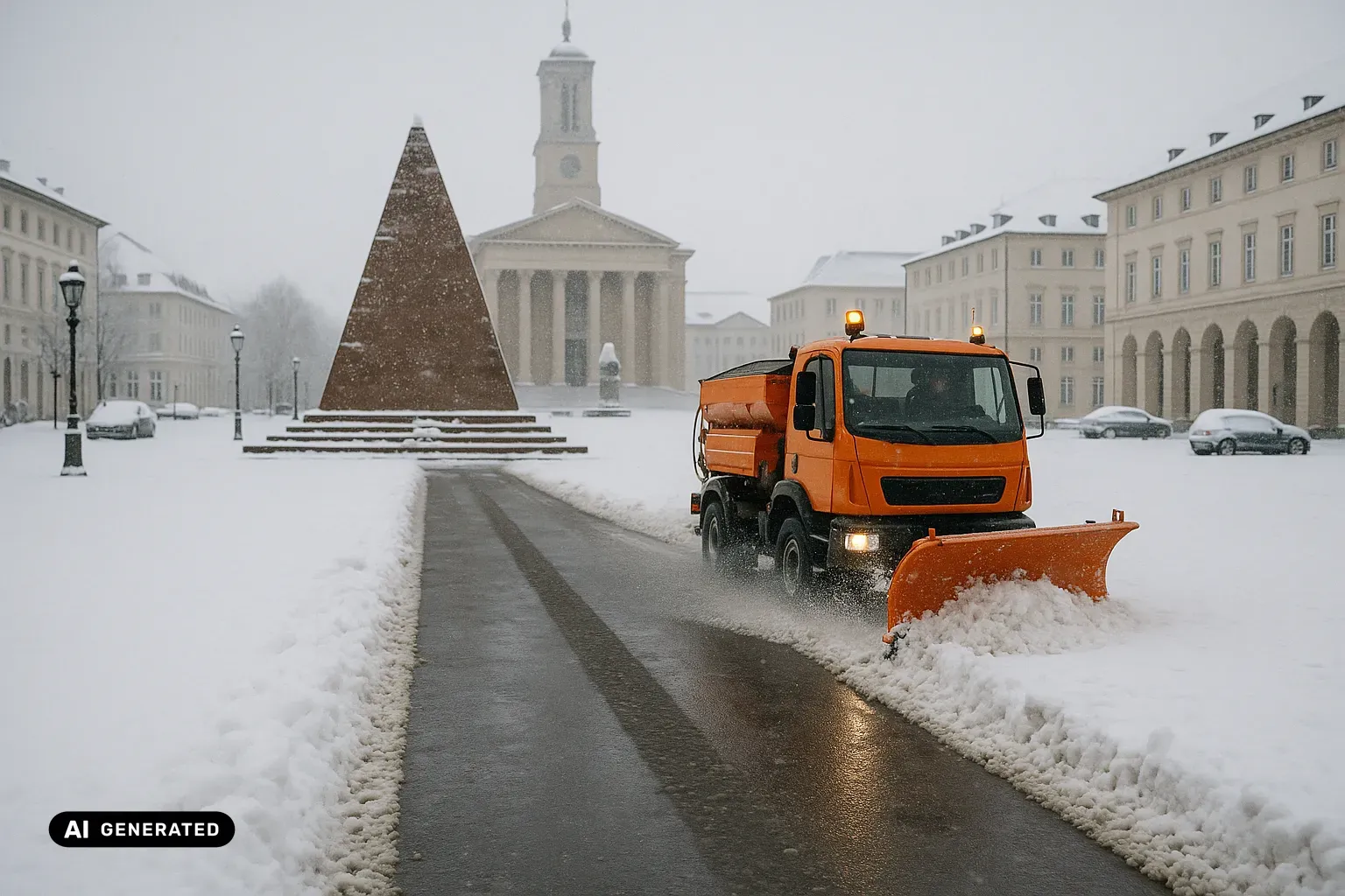 Winterlicher Blick über den verschneiten Karlsruher Marktplatz auf die rote Sandstein-Pyramide über der Gruft des Stadtgründers, dahinter die klassizistische Evangelische Stadtkirche mit ihrem hohen Säulenportikus; im Vordergrund räumt ein orangefarbenes kommunales Streufahrzeug mit Frontpflug eine Fahrspur frei, dazu Schneewälle an den Rändern und parkende Autos unter leichtem Schneefall. (KI-generiertes Bild)