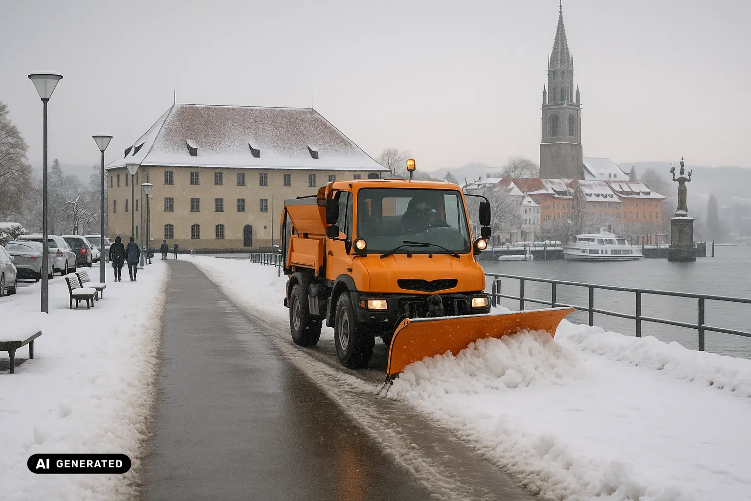 Winterlicher Blick entlang der verschneiten Hafenpromenade von Konstanz am Bodensee: am Wasser der lange Baukörper des Konzilgebäudes mit rotem Walmdach, am Molenkopf die ferne helle Steinfigur der Imperia, über den Dächern der erhaltenen Altstadt der einzelne hohe Münsterturm mit seinem spitzen, durchbrochenen neugotischen Steinhelm; im Vordergrund räumt ein orangefarbener kommunaler Unimog-Geräteträger mit Frontpflug eine Bahn frei, dazu Schneewälle am Geländer und grauer Seenebel über dem Wasser mit den fernen Alpen am Schweizer Ufer. (KI-generiertes Bild)