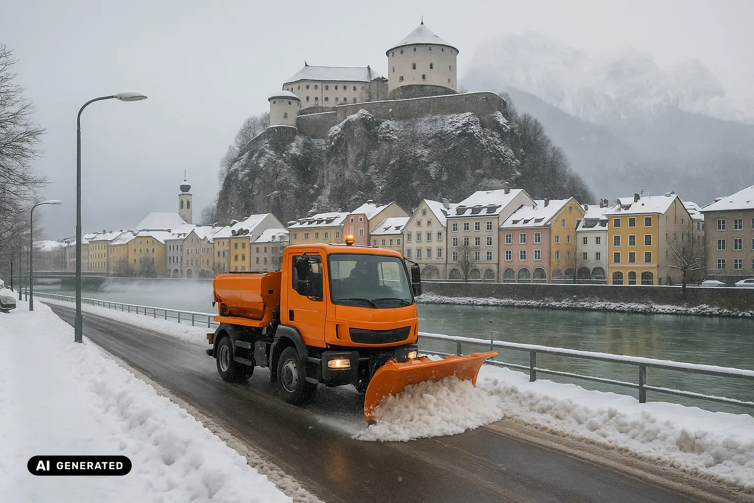Winterlicher Blick von der verschneiten Uferstraße am Inn in Kufstein: Im Vordergrund räumt ein orangefarbener kommunaler Geräteträger mit Frontpflug und Streuaufbau eine Bahn frei, rechts der türkisgrüne Inn hinter einem schneebedeckten Geländer und dahinter die geschlossene Zeile bunter Bürgerhäuser in Gelb, Ocker und Rosé mit Arkaden im Erdgeschoss. Darüber erhebt sich der Festungsfels mit der Festung Kufstein: massige helle Mauern und der runde, gedrungene Kaiserturm, im Hintergrund die schroffen Kalkwände des Kaisergebirges im Schneetreiben. (KI-generiertes Bild)