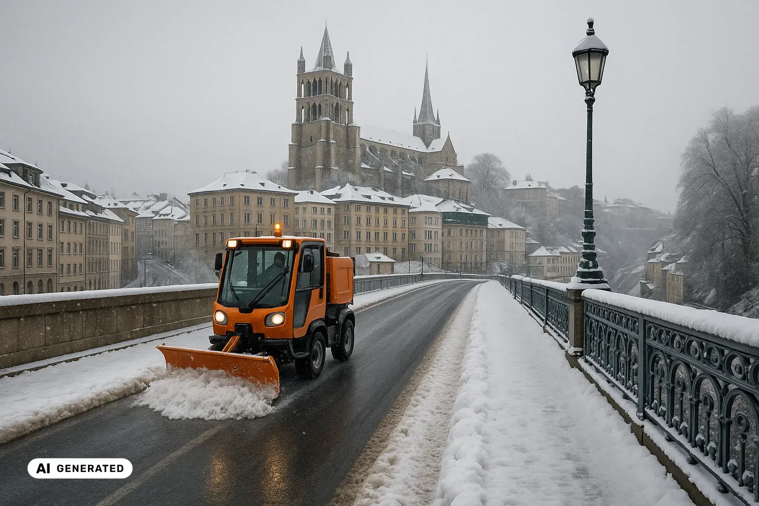 Blick über die geräumte Fahrbahn einer Stadtbrücke bei dichtem Schneefall, aufgenommen aus Augenhöhe. Rechts begrenzt ein reich verziertes gusseisernes Geländer mit Voluten, Kreisen und kleinen Arkadenbögen die Brücke; auf seiner Oberkante liegt Schnee. Dahinter fällt das Gelände steil ab, sodass tiefer gelegene Häuserdächer und ein bewaldeter Hang sichtbar werden. Am Geländer steht ein dunkler Laternenmast mit Glaslaterne. In der Fahrbahnmitte ist eine Spur nass und schwarz geräumt, seitlich liegen Schneewälle. Links reihen sich mehrgeschossige Gebäude mit cremefarbenen und beigen Fassaden, regelmässigen Fensterreihen und verschneiten Dächern. Auf einem Hügel darüber erhebt sich eine gotische Kathedrale aus hellem Sandstein mit massivem quadratischem Vierungsturm, vier kleinen Ecktürmchen und einem zweiten, schlanken Spitzhelm daneben. Im Vordergrund schiebt ein orangefarbenes kommunales Räumfahrzeug mit Frontpflug frischen Schnee zur Seite. (KI-generiertes Bild)