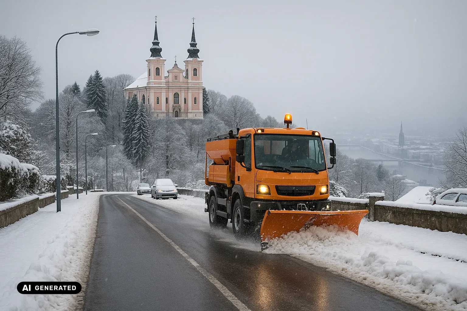 Winterlicher Blick vom Pöstlingberg über Linz: Im Vordergrund räumt ein oranges kommunales Winterdienstfahrzeug mit Frontpflug und Streuaufbau die geräumte Bergstraße; darüber thront die rosa-weiße Pöstlingberg-Wallfahrtsbasilika mit ihren zwei schwarzen, schlanken Barock-Turmhelmen, während das Donautal darunter im winterlichen Hochnebel versinkt, aus dem Brücke und Domturm ragen. (KI-generiertes Bild)