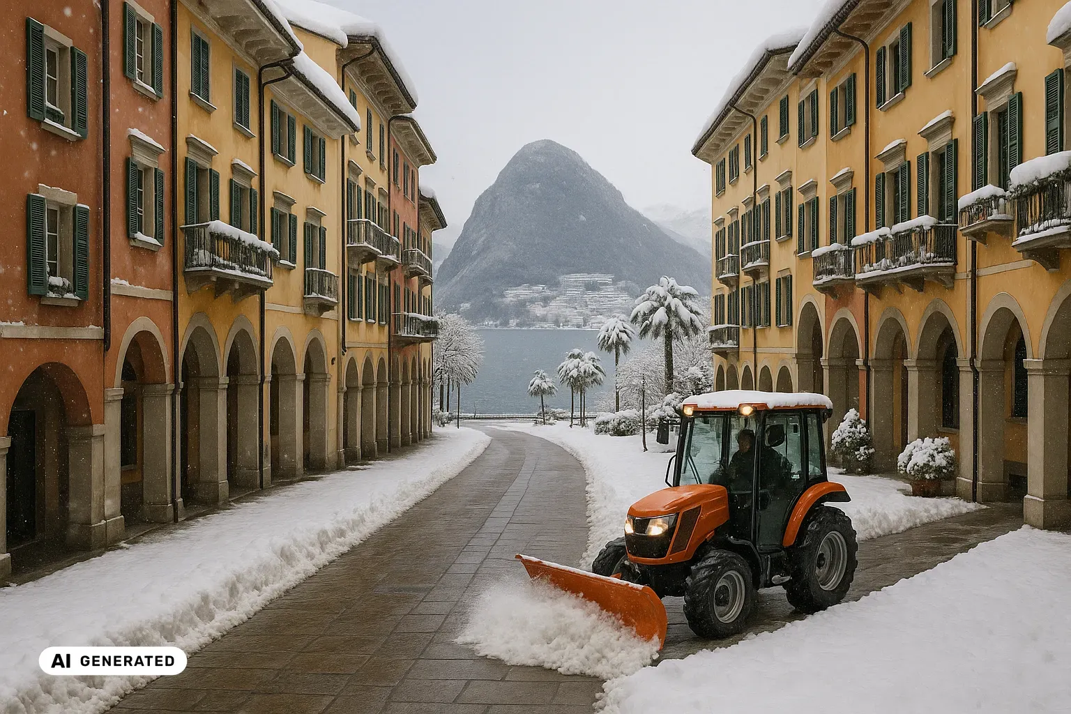 Blick in Augenhöhe durch eine leicht abfallende Altstadtgasse einer Stadt am See, aufgenommen bei dichtem Schneefall. Links und rechts stehen vier- bis fünfgeschossige Häuserzeilen in Terrakotta, Ocker und hellem Gelb, alle mit dunkelgrünen Holzlamellenläden, schmiedeeisernen Balkonen und weit vorstehenden Traufen, auf denen dicke Schneepolster liegen. Die Erdgeschosse öffnen sich beidseits in Arkaden mit Rundbögen aus hellem Stein. In der Mitte ist eine Spur des Natursteinpflasters dunkel und nass freigeräumt, links und rechts begrenzt von niedrigen Schneewällen. Am Ende der Gasse liegt dunkles, offenes Seewasser ohne jedes Eis, dahinter erhebt sich ein steiler, bewaldeter Kegelberg mit verschneiten Hängen. Entlang der Uferpromenade stehen mehrere Palmen, deren Wedel eine geschlossene Schneeauflage tragen. Im Vordergrund rechts schiebt ein kompakter oranger Kleintraktor mit Kabine und schräg gestelltem Frontpflug eine Walze frischen Schnees zur Seite. (KI-generiertes Bild)