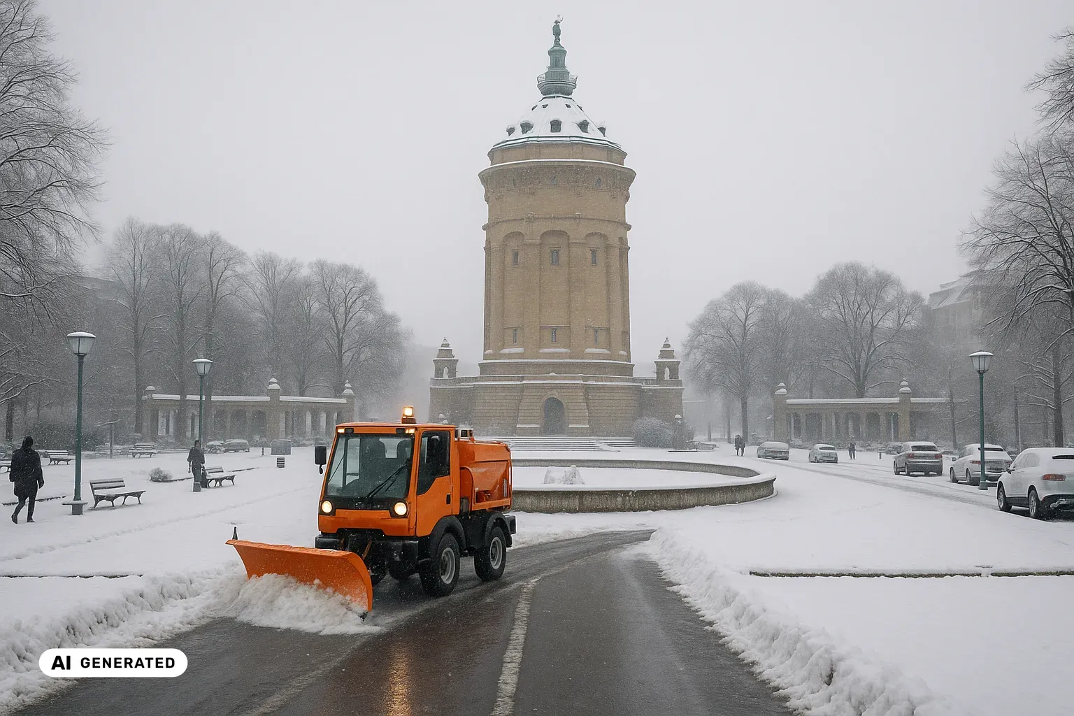 Winterlicher Blick über den verschneiten Friedrichsplatz in Mannheim auf den gedrungenen, runden Wasserturm aus warmem gelblich-ockerfarbenem Sandstein mit seinem kegelförmigen, grün patinierten Kupferdach und der Amphitrite-Figur an der Spitze; davor das für den Winter abgestellte, schneebedeckte Brunnenbecken und die halbrunden Arkaden. Im Vordergrund räumt ein orangefarbener kommunaler Unimog-Geräteträger mit Frontpflug eine frisch geräumte Bahn frei, flankiert von niedrigen Schneewällen unter leichtem Schneefall und grauem Rheindunst. (KI-generiertes Bild)
