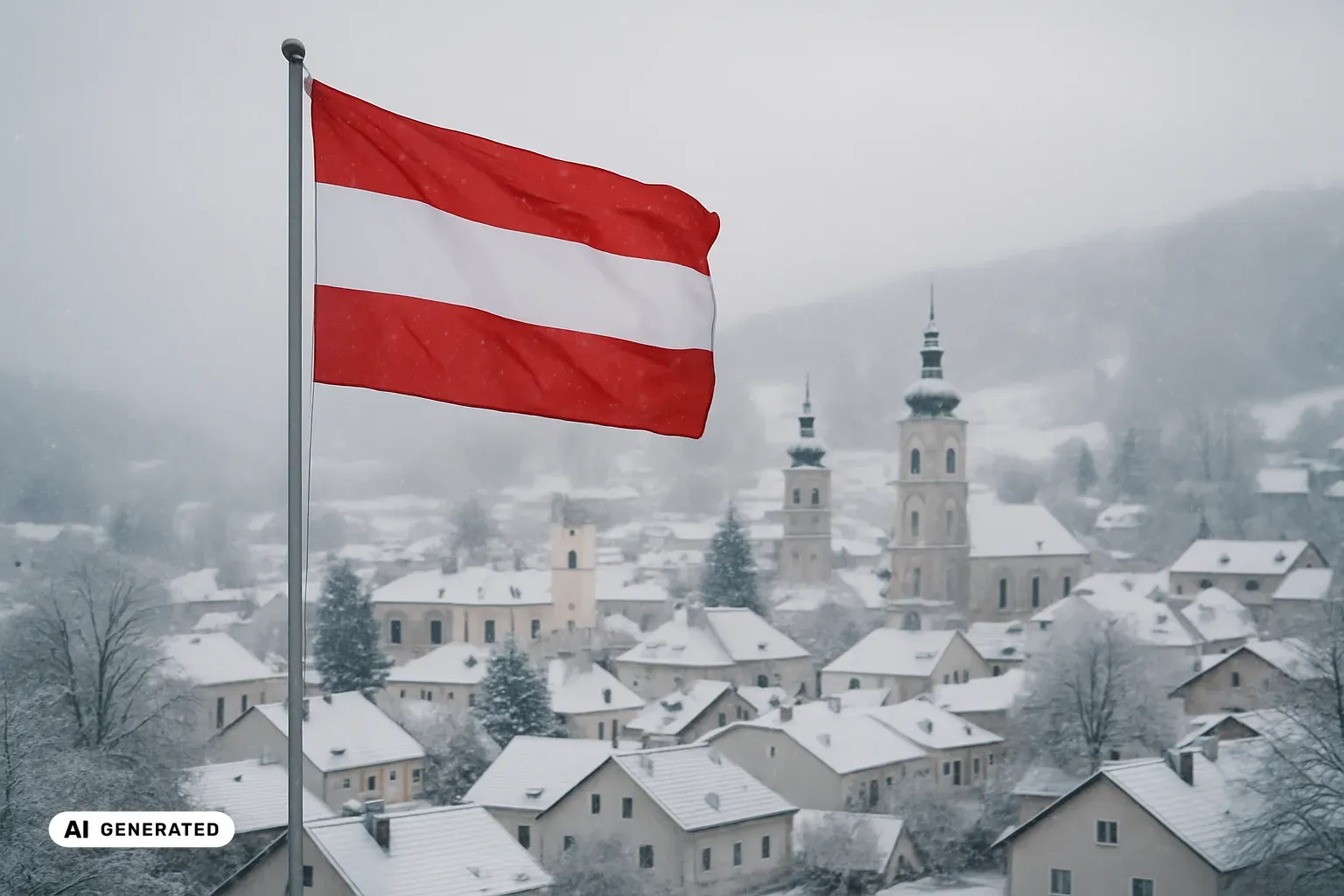 Eine Österreich-Flagge in Rot-Weiß-Rot weht über den verschneiten Dächern und barocken Kirchtürmen einer winterlichen österreichischen Stadt im Tal bei leichtem Schneefall. (KI-generiertes Bild)