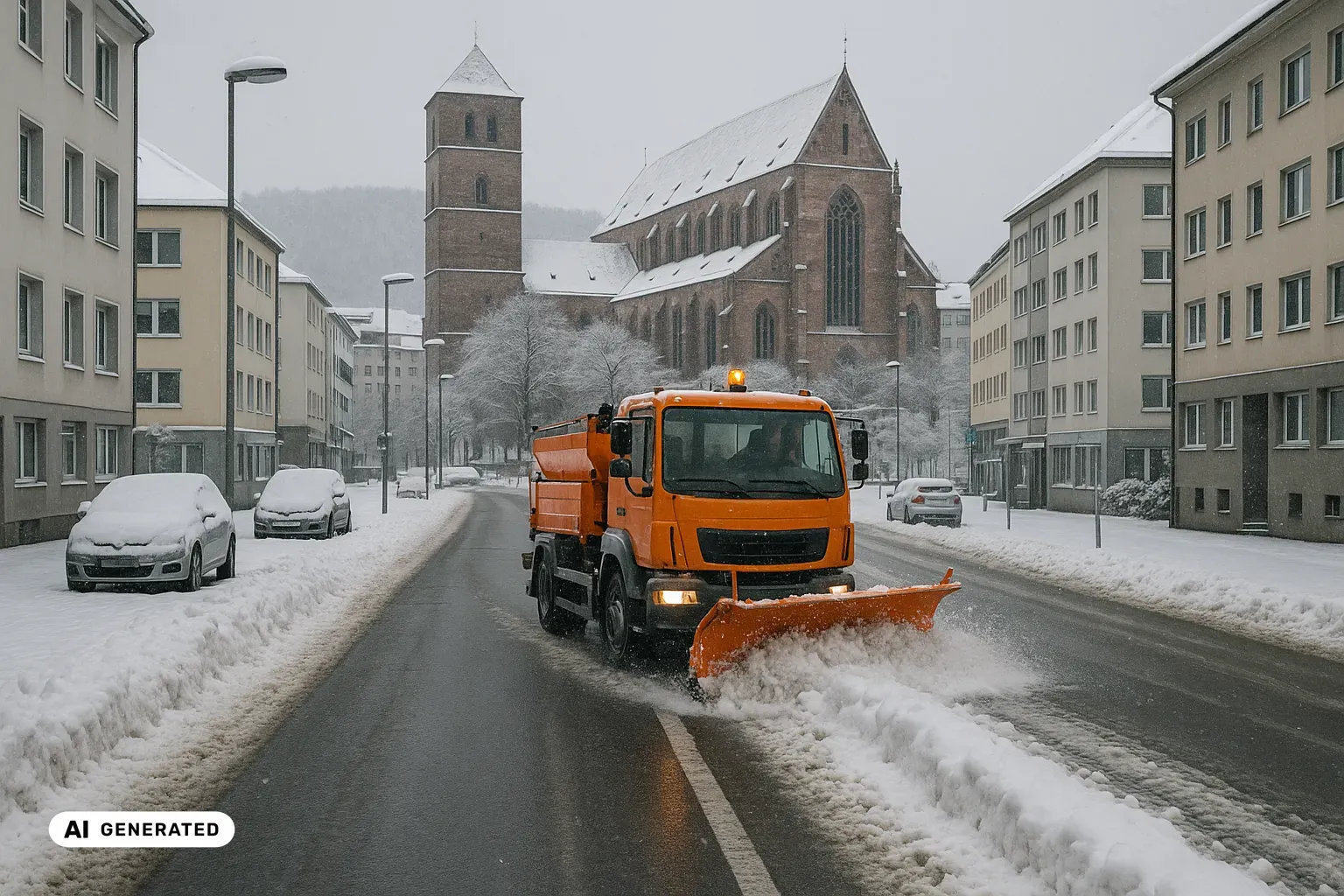Winterlicher Blick durch die Pforzheimer Innenstadt: Im Vordergrund räumt ein oranges kommunales Winterdienstfahrzeug mit Frontpflug die frisch geräumte Straße, links und rechts Schneewälle, schneebedeckte parkende Autos und schlichte Nachkriegs-Geschäftsbauten; dahinter thront die Schlosskirche St. Michael aus rotem Sandstein mit ihrem wuchtigen romanischen Westturm und dem hohen gotischen Chor, im Hintergrund bewaldete Nordschwarzwald-Höhen bei leichtem Schneefall. (KI-generiertes Bild)