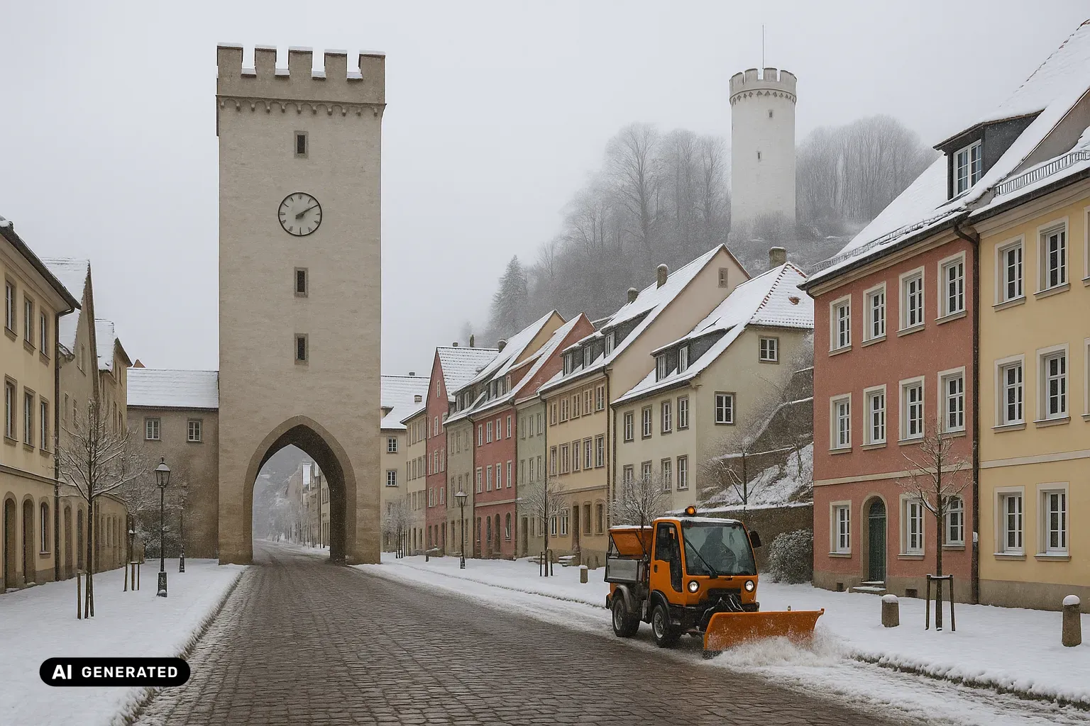 Winterlicher Blick über eine ansteigende, kopfsteingepflasterte Straße in Ravensburg hinauf zum Obertor und zum Mehlsack: Links steht ein hoher, schlanker rechteckiger Torturm aus hellem Putz mit spitzbogiger Durchfahrt, einer schlichten runden Turmuhr ohne Ziffern und einem flachen Zinnenkranz ohne Dach. Rechts darüber erhebt sich auf einem bewaldeten Hang der Mehlsack, ein weiß gekalkter runder Wehrturm ohne Dach, mit Konsolenkranz, offener Zinnenkrone und blankem Fahnenmast. Dazwischen reihen sich drei- und viergeschossige verputzte Bürgerhäuser in gedämpftem Creme, Altrosa, Salbeigrün und Weinrot mit weißen Fensterrahmen und schneebedeckten Ziegeldächern. Im Vordergrund räumt ein orangefarbenes kommunales Räumfahrzeug mit Frontpflug und Streuaufbau eine Bahn frei; daneben liegen Schneewälle. Geschlossene graue Hochnebeldecke, weiches schattenloses Licht. (KI-generiertes Bild)