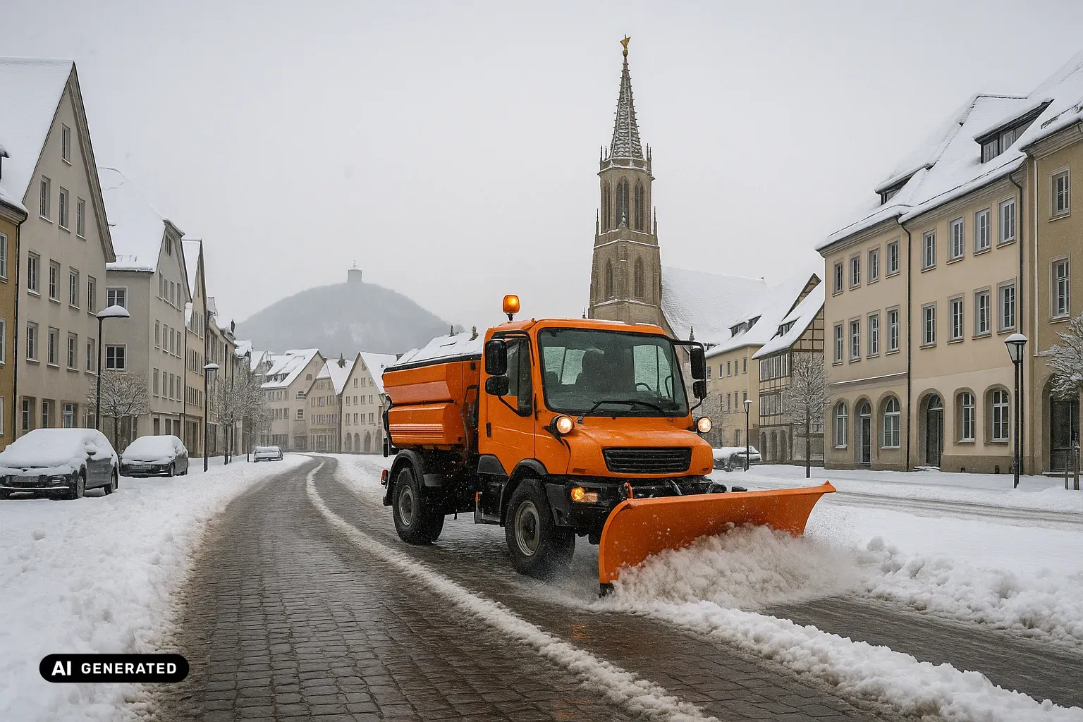 Winterlicher Blick über den verschneiten Marktplatz von Reutlingen auf die gotische Marienkirche aus hellem Sandstein mit ihrem hohen, durchbrochenen Westturm; im Vordergrund räumt ein orangefarbenes kommunales Streufahrzeug mit Frontpflug eine Fahrspur frei, dazu Schneewälle an den Rändern und parkende Autos unter leichtem Schneefall, während hinter den schneebedeckten Dächern die kegelförmige Achalm mit ihrem Aussichtsturm aufragt. (KI-generiertes Bild)