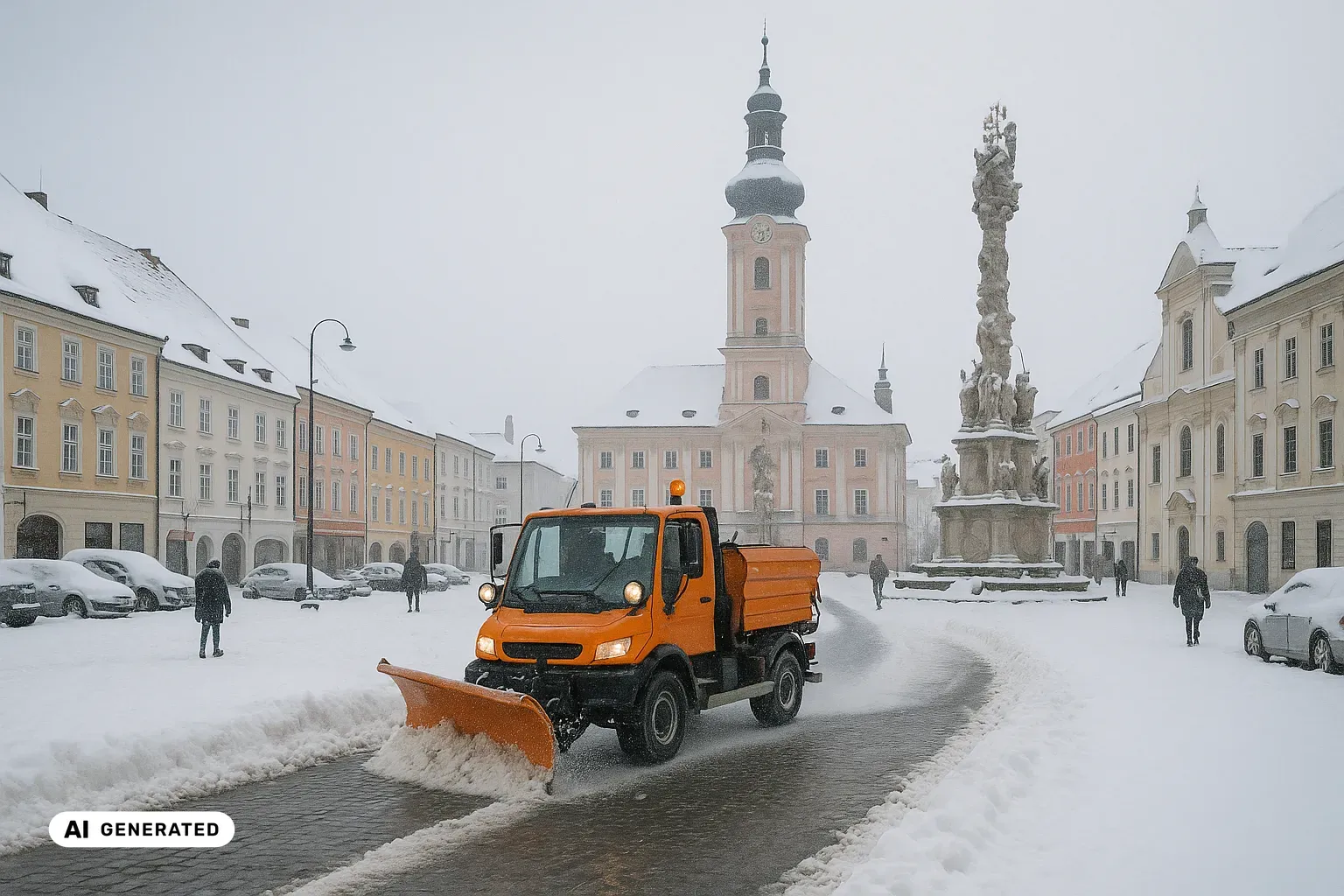 Winterlicher Blick über den weiten, verschneiten barocken Rathausplatz von St. Pölten: in der Mitte die freistehende helle Dreifaltigkeitssäule, dahinter das altrosa getönte Rathaus mit seinem einzelnen achteckigen Zwiebelturm, ringsum die geschlossene Zeile pastellfarbener Barockhäuser mit roten Ziegeldächern und die helle Rokokofassade der Franziskanerkirche. Im Vordergrund räumt ein orangefarbener kommunaler Unimog-Geräteträger mit Frontpflug eine Bahn frei, dazu Schneewälle an den Rändern unter leichtem Schneefall und kaltem grauem Winterhimmel. (KI-generiertes Bild)