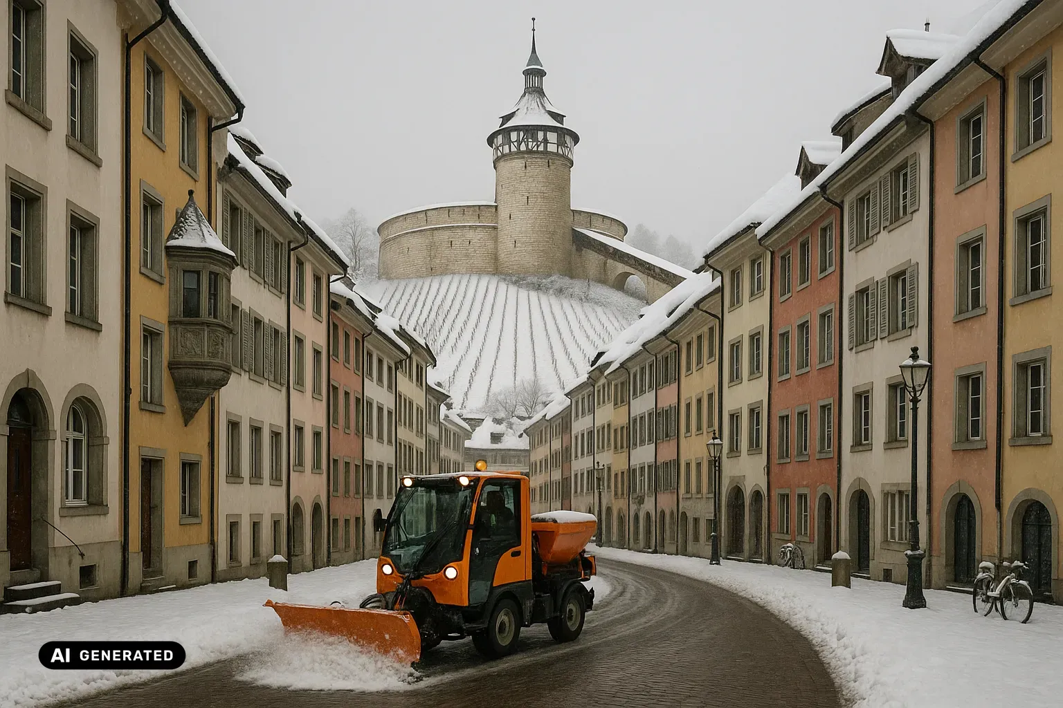 Blick durch eine verschneite, gepflästerte Altstadtstrasse bei leichtem Schneefall und grauem Hochnebel. Beidseits stehen drei- bis fünfgeschossige Häuser mit Fassaden in Ocker, Altrosa, Grau und Weiss, verschneiten Ziegeldächern und einem steinernen Erker mit Relieffeldern und Spitzdach; schwarze Kandelaber und eingeschneite Velos am Rand. Im Hintergrund steigt ein verschneiter Rebhang mit kahlen Rebzeilen zu einer runden Festung aus hellem Kalkstein an, aus der ein einzelner Rundturm mit Fachwerkgeschoss, spitzem Ziegeldach und schlankem Dachreiter ragt. Im Vordergrund räumt ein kompaktes orangefarbenes Kommunalfahrzeug mit Frontschild und Streuaufbau eine Bahn über das dunkle Pflaster frei. (KI-generiertes Bild)