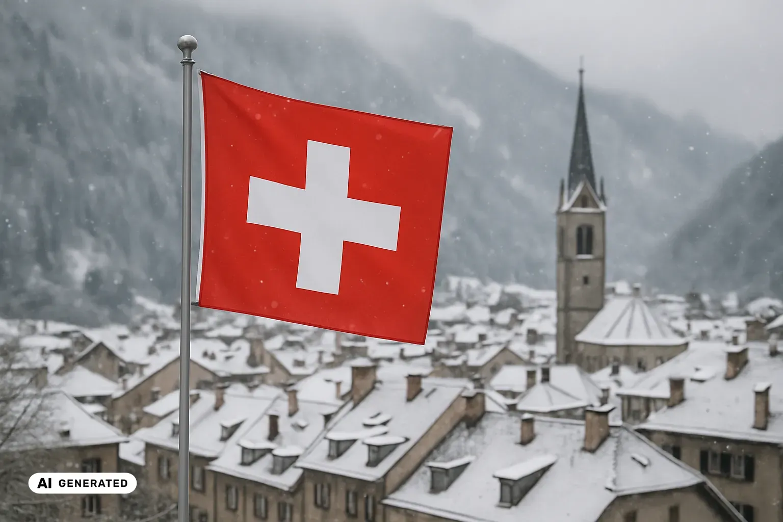 Eine quadratische Schweizer Fahne mit weißem Kreuz auf rotem Grund weht bei leichtem Schneefall über den verschneiten Dächern und dem spitzen Kirchturm einer Schweizer Altstadt im Tal, dahinter steile, verschneite Berghänge in tief hängenden Wolken. (KI-generiertes Bild)