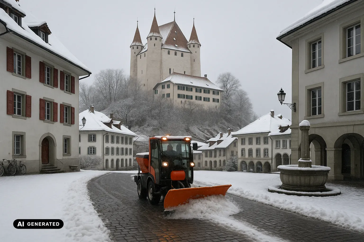Blick über einen verschneiten, gepflästerten Altstadtplatz bei leichtem Schneefall hinauf zu einem Schloss auf bewaldetem Hügel: ein weiss verputzter, quadratischer Wohnturm mit steilem rotbraunem Ziegel-Pyramidendach und vier runden Ecktürmen mit spitzen rotbraunen Kegeldächern, darunter ein langes weisses Schlossgebäude mit grünen Fensterläden. Den Platz rahmen Altstadthäuser mit verschneiten Ziegeldächern, links mit roten, rechts mit grauen Fensterläden; rechts ein Säulenbrunnen mit rundem Steintrog, links eingeschneite Velos. Im Vordergrund räumt ein kompaktes orangefarbenes Kommunalfahrzeug mit Frontschild und Streuaufbau eine Bahn über das dunkle Pflaster frei. (KI-generiertes Bild)