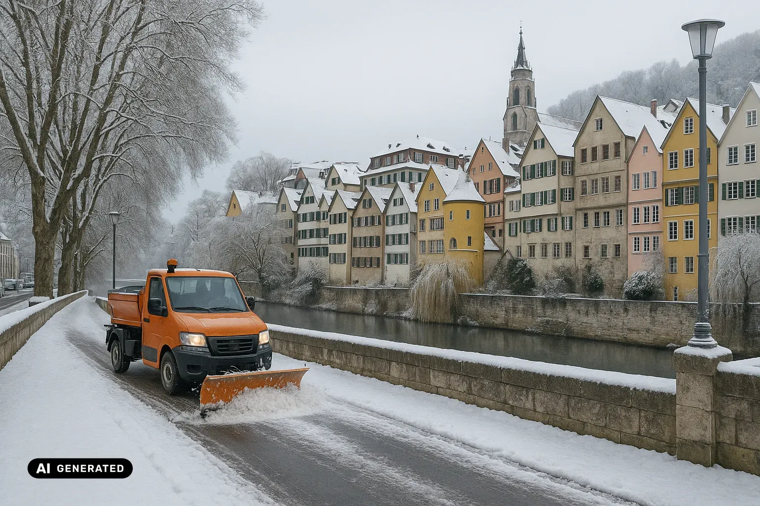 Winterlicher Blick von der schneebedeckten Neckarbrücke flussaufwärts auf die Tübinger Neckarfront: eine geschlossene Zeile vier- und fünfgeschossiger giebelständiger Häuser in gedämpftem Creme, Ocker, blassem Rosa und Gelb mit grünen Fensterläden, die unmittelbar aus einer mächtigen alten Ufermauer über dem Wasser aufsteigen und eine gezackte Dachlinie bilden. Mittig darunter der gelbe runde Hölderlinturm mit steilem Spitzdach, an ein größeres Wohnhaus angebaut, daneben eine kahle Trauerweide. Über den Dächern die Silhouette des Stiftskirchturms, dahinter ein bewaldeter Hang. Links säumen kahle Platanen mit breiten Kronen die Neckarinsel. Im Vordergrund räumt ein orangefarbener kommunaler Geräteträger mit Frontpflug und Streuaufbau die Brückenfahrbahn frei. Kalter, dunstiger Wintermorgen mit blassem Licht. (KI-generiertes Bild)