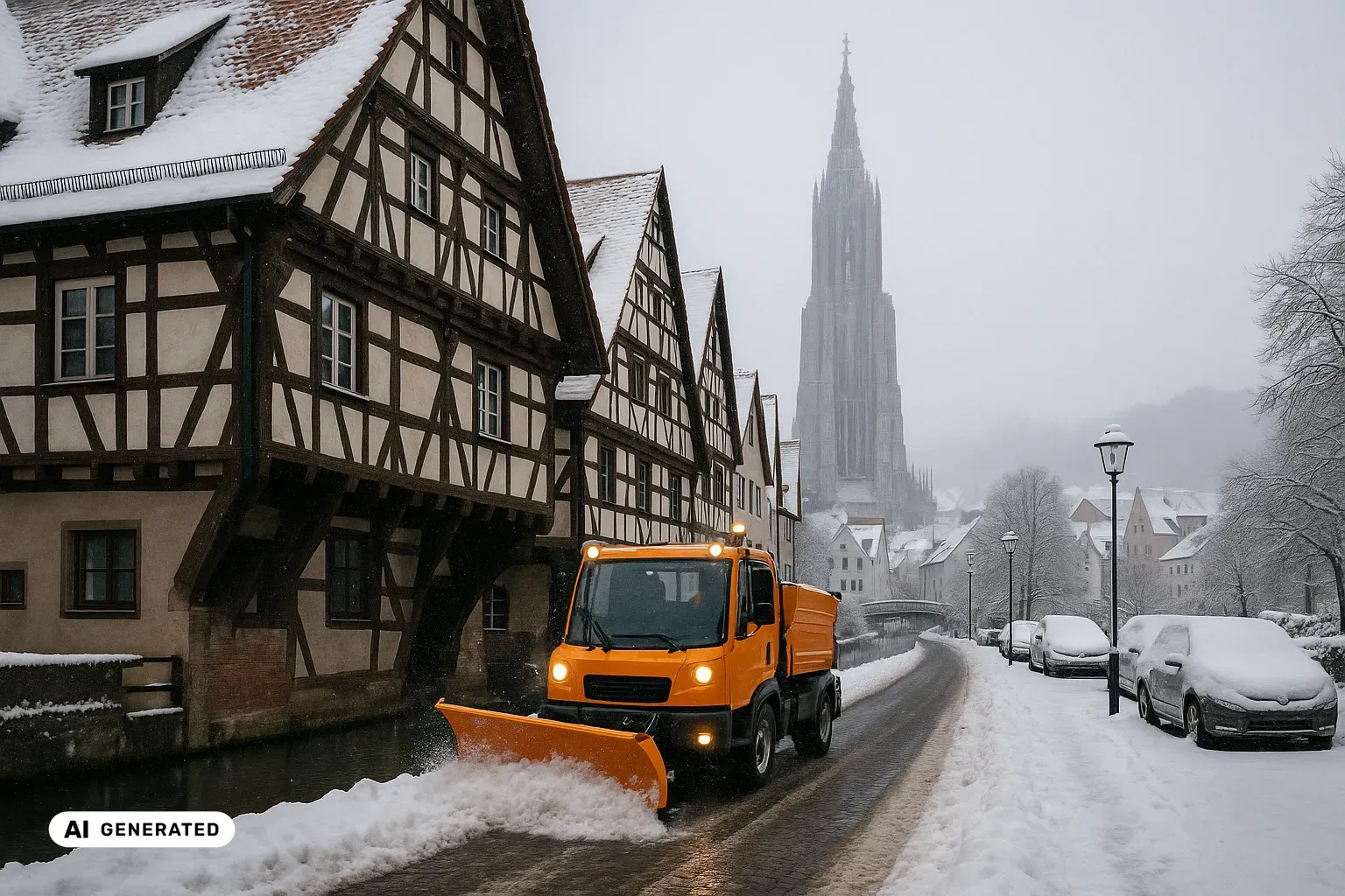Winterlicher Blick aus dem Ulmer Fischerviertel: Im Vordergrund räumt ein oranges kommunales Winterdienstfahrzeug mit Frontpflug eine schmale Gasse entlang eines Kanals der Blau, links dicht gedrängte Fachwerkhäuser mit schneebedeckten Ziegeldächern; im nebelverhangenen Hintergrund überragt der einzelne, sehr hohe filigrane gotische Steinturm des Ulmer Münsters die verschneiten Dächer. (KI-generiertes Bild)