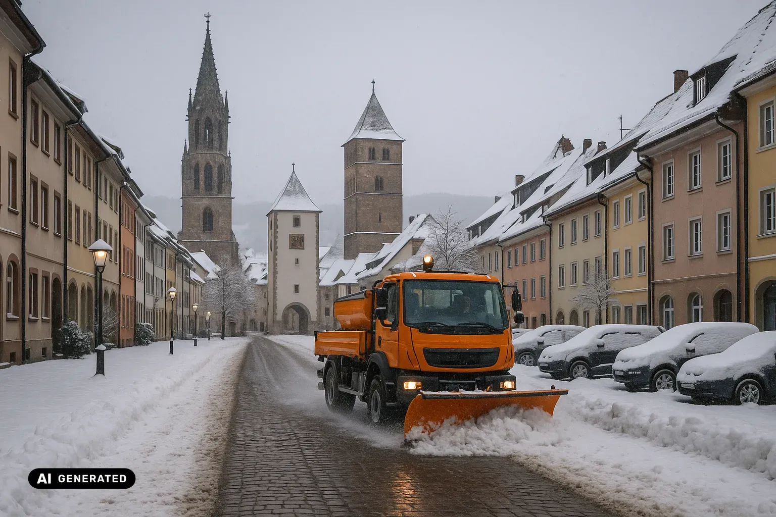 Winterlicher Blick durch eine verschneite Gasse der Villinger Altstadt: Im Vordergrund räumt ein oranges kommunales Winterdienstfahrzeug mit Frontpflug die frisch geräumte Kopfsteinpflasterstraße, links und rechts Schneewälle, schneebedeckte historische Bürgerhäuser und parkende Autos; dahinter die beiden ungleichen Türme des Villinger Münsters (links der schlanke gotische, rechts der wuchtigere romanische Turm) und ein hoher, hell verputzter Torturm der Stadtmauer, im Hintergrund bewaldete Schwarzwaldhöhen bei leichtem Schneefall. (KI-generiertes Bild)