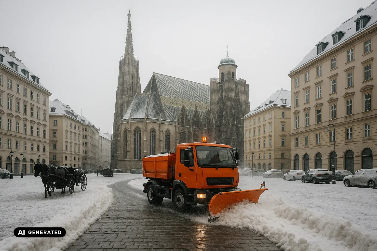 Winterlicher Blick über den verschneiten Wiener Stephansplatz: Im Vordergrund räumt ein oranges kommunales Winterdienstfahrzeug mit Frontpflug die frisch geräumte Pflasterspur, links wartet ein Fiaker, ringsum gründerzeitliche Bürgerhäuser; dahinter der Stephansdom mit seinem hohen, filigranen gotischen Südturm, dem niedrigeren Nordturm mit grünlicher Renaissance-Kuppel und dem bunt glasierten Zickzack-Ziegeldach, bei leichtem Schneefall. (KI-generiertes Bild)
