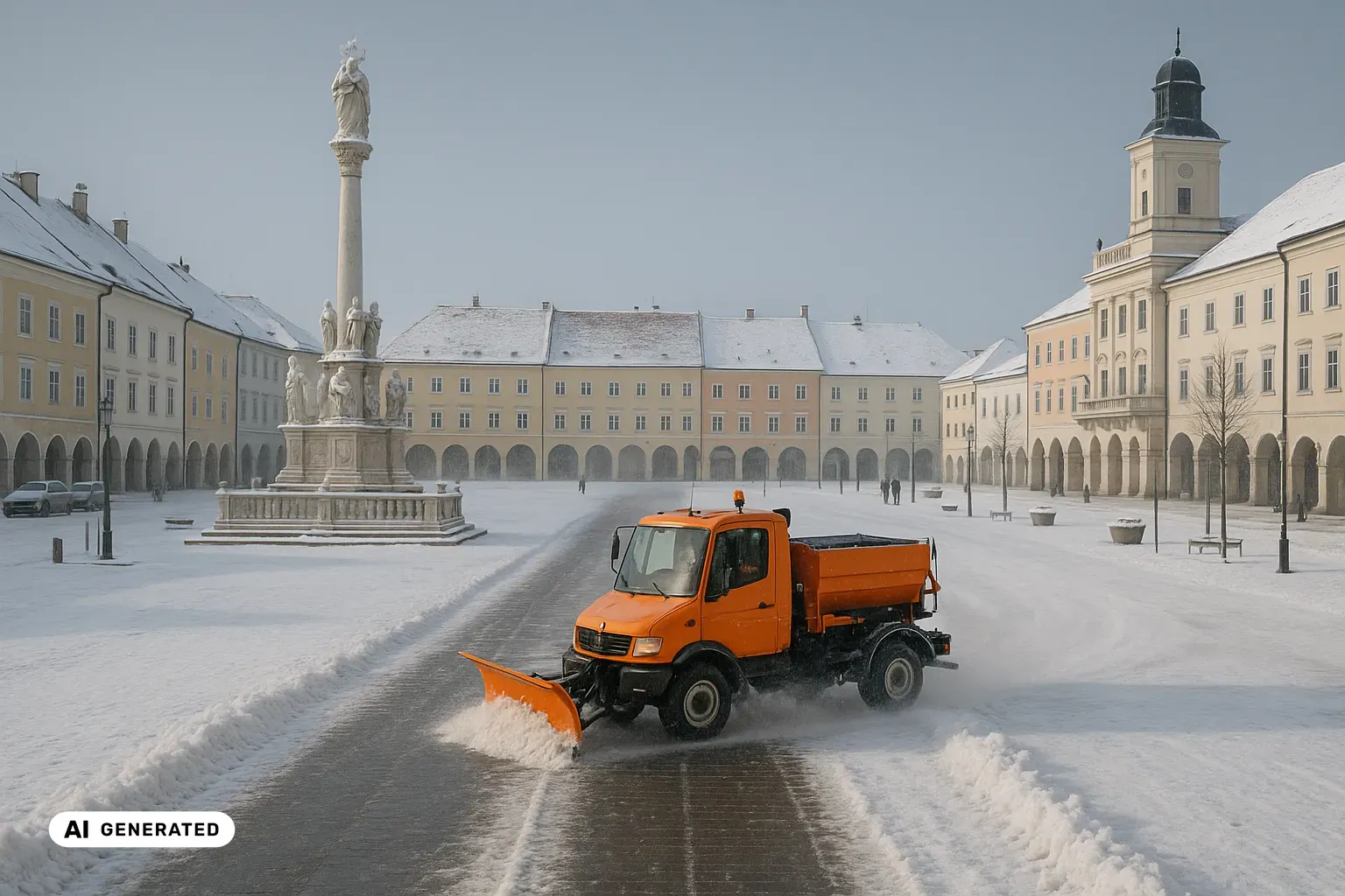 Winterlicher Blick längs über den weiten, rechteckigen Hauptplatz von Wiener Neustadt: Links steht auf einem gestuften Sockel eine barocke Mariensäule aus hellem Marmor mit Maria und Kind auf der Säule und einer niedrigen Balustrade mit stehenden Heiligenfiguren. Beide Platzseiten säumen schlichte, hell verputzte drei- und viergeschossige Häuser mit schneebedeckten Ziegeldächern, deren Erdgeschosse sich in durchlaufende Arkadengänge öffnen. Rechts schließt ein klassizistisches Rathaus mit flacher Fassade, Kolossalpilastern und einem Eckturm mit achteckigem Obergeschoss und dunkler Kuppel den Platz ab. Im Vordergrund räumt ein orangefarbenes kommunales Räumfahrzeug mit Frontpflug eine Bahn über den offenen Platz frei; beidseitig liegen Schneewälle, über der Fläche ziehen windverwehte Schneestreifen. Tief stehende Wintersonne, klare trockene Kälte, flacher Horizont ohne Berge. (KI-generiertes Bild)