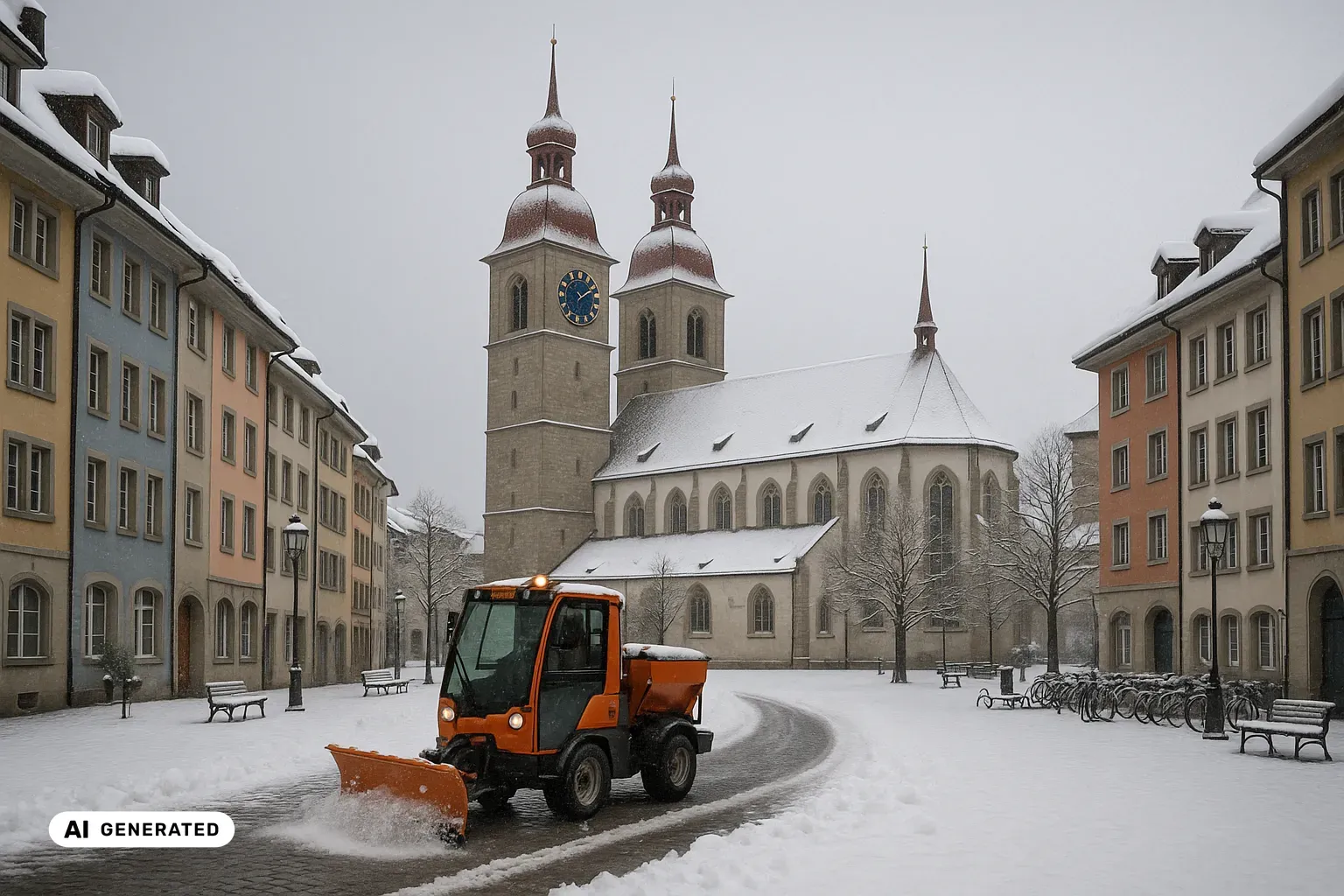 Winterlicher Blick über einen verschneiten, gepflasterten Altstadtplatz bei leichtem Schneefall und grauem Himmel. Im Hintergrund steht eine gotische Kirche mit weiss verputztem Langhaus, hohen Spitzbogenfenstern und zwei Türmen aus grau-beigem Sandstein; ihre glockenförmigen Hauben und die schlanken Nadelspitzen darüber sind rot, der linke Turm trägt ein blaues Zifferblatt mit goldenen Ziffern. Beidseits säumen drei- bis viergeschossige Altstadthäuser in Ocker, Hellblau, Lachsrosa und Hellgrau mit verschneiten Ziegeldächern den Platz, davor stehen schwarze Kandelaber, verschneite Bänke und eine Reihe eingeschneiter Velos. Im Vordergrund räumt ein kompaktes orangefarbenes Kommunalfahrzeug mit Frontschild und Streuaufbau eine geschwungene Bahn über das dunkle Pflaster frei. (KI-generiertes Bild)