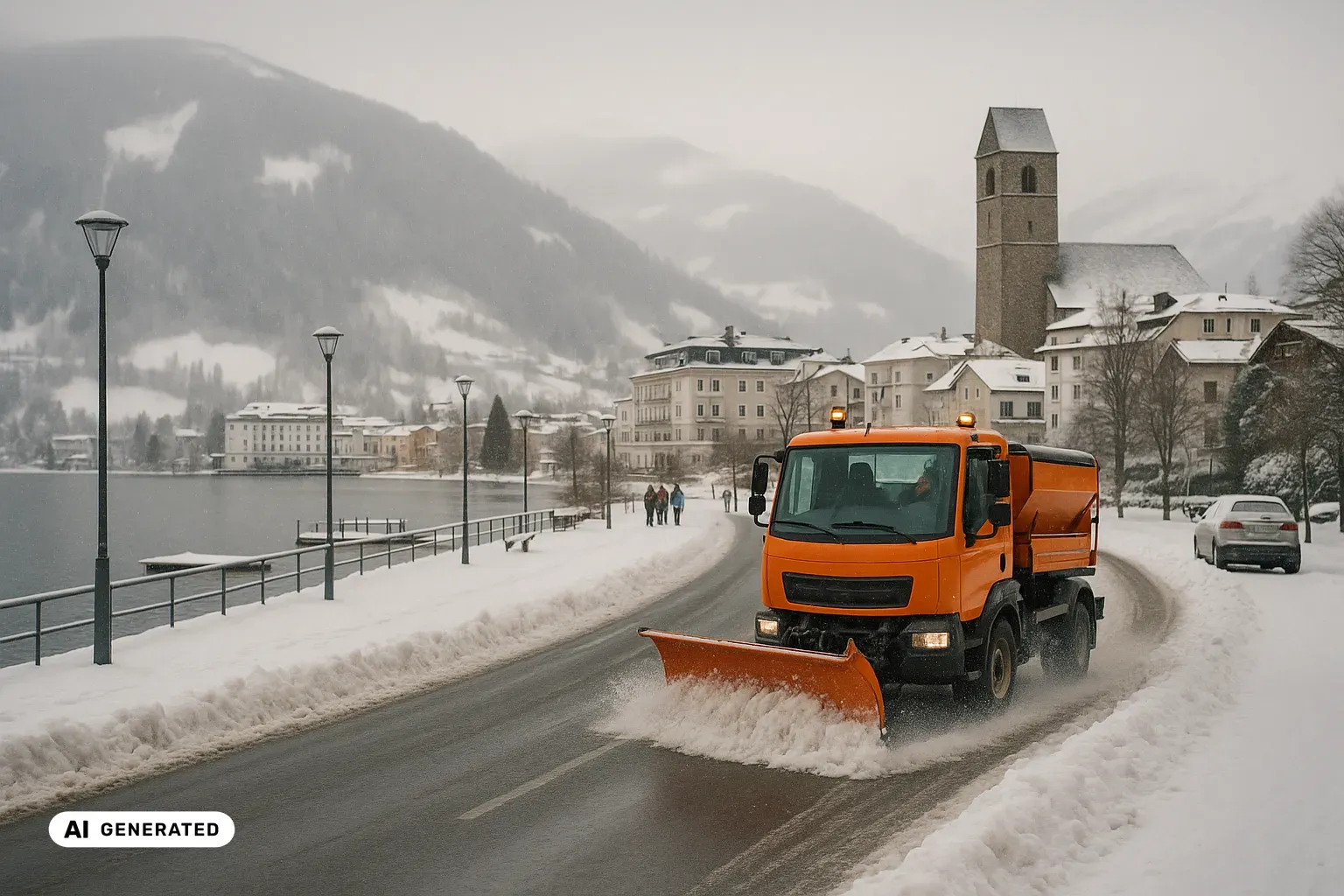Winterlicher Blick von der verschneiten Seeuferstraße in Zell am See: Im Vordergrund räumt ein orangefarbener kommunaler Geräteträger mit Frontpflug und Streuaufbau eine Bahn frei, links der Zeller See mit schneebedecktem Bootssteg und Uferpromenade, im Mittelgrund die helle Hotelzeile am Ufer und ein großer weißer historistischer Hotelbau. Über den Dächern der massige helle Steinturm der Pfarrkirche mit schlichtem Dach ohne Helm, dahinter der breite bewaldete Rücken der Schmittenhöhe mit hellen Pistenbändern im Schneetreiben. Vereinzelt Wintersportgäste von hinten auf dem Gehweg. (KI-generiertes Bild)
