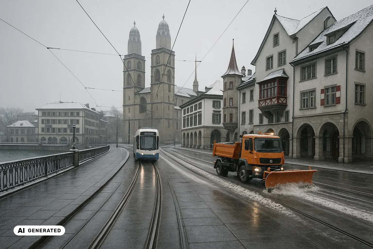 Winterlicher Blick über eine breite Quaistrasse in der Zürcher Altstadt bei leichtem Schneefall und grauem Himmel. Der Belag besteht aus grossformatigen anthrazitfarbenen Steinplatten, in die zwei Tramgleise bündig eingelassen sind; darüber spannen sich Fahrleitungsdrähte. Im Mittelgrund wartet ein weisses Niederflurtram mit blauer Front ohne jede Beschriftung. Rechts säumt eine Reihe historischer Zunfthäuser mit Rundbogenarkaden, hellem Verputz, einem hölzernen Erker und einem schlanken, rot gedeckten Ecktürmchen die Strasse. Dahinter ragen die beiden gleich hohen, quaderförmigen Türme des Grossmünsters aus sandfarbenem Quaderstein auf, jeder mit einem achteckigen, durchbrochenen neugotischen Aufsatz und gerippter Helmkuppel. Links begrenzt ein schmiedeeisernes Geländer den nicht zugefrorenen Fluss. Im Vordergrund räumt ein orangefarbenes kommunales Räumfahrzeug mit Frontpflug eine Bahn frei; die Fahrbahn ist nass und spiegelt. (KI-generiertes Bild)