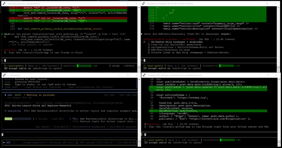 Vier Terminal-Fenster mit Claude Code nebeneinander: rechts oben die Arbeit an schneespur.de, rechts unten an wintertrace.com, links oben am Auslieferungsdienst Jenni, links unten an Schneespur mit dem Workflow Get Shit Done.