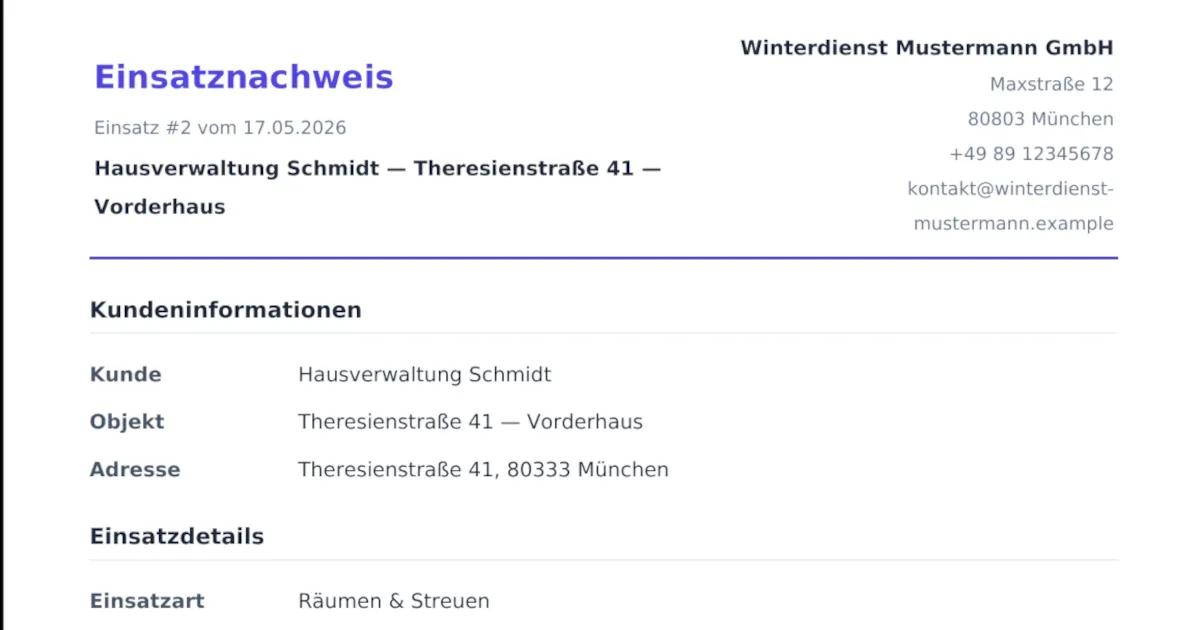 Screenshot eines PDF-Einsatznachweises mit Firmenkopf der Winterdienst Mustermann GmbH, Kundeninformationen zur Hausverwaltung Schmidt und Einsatzdetails mit der Einsatzart Räumen und Streuen.