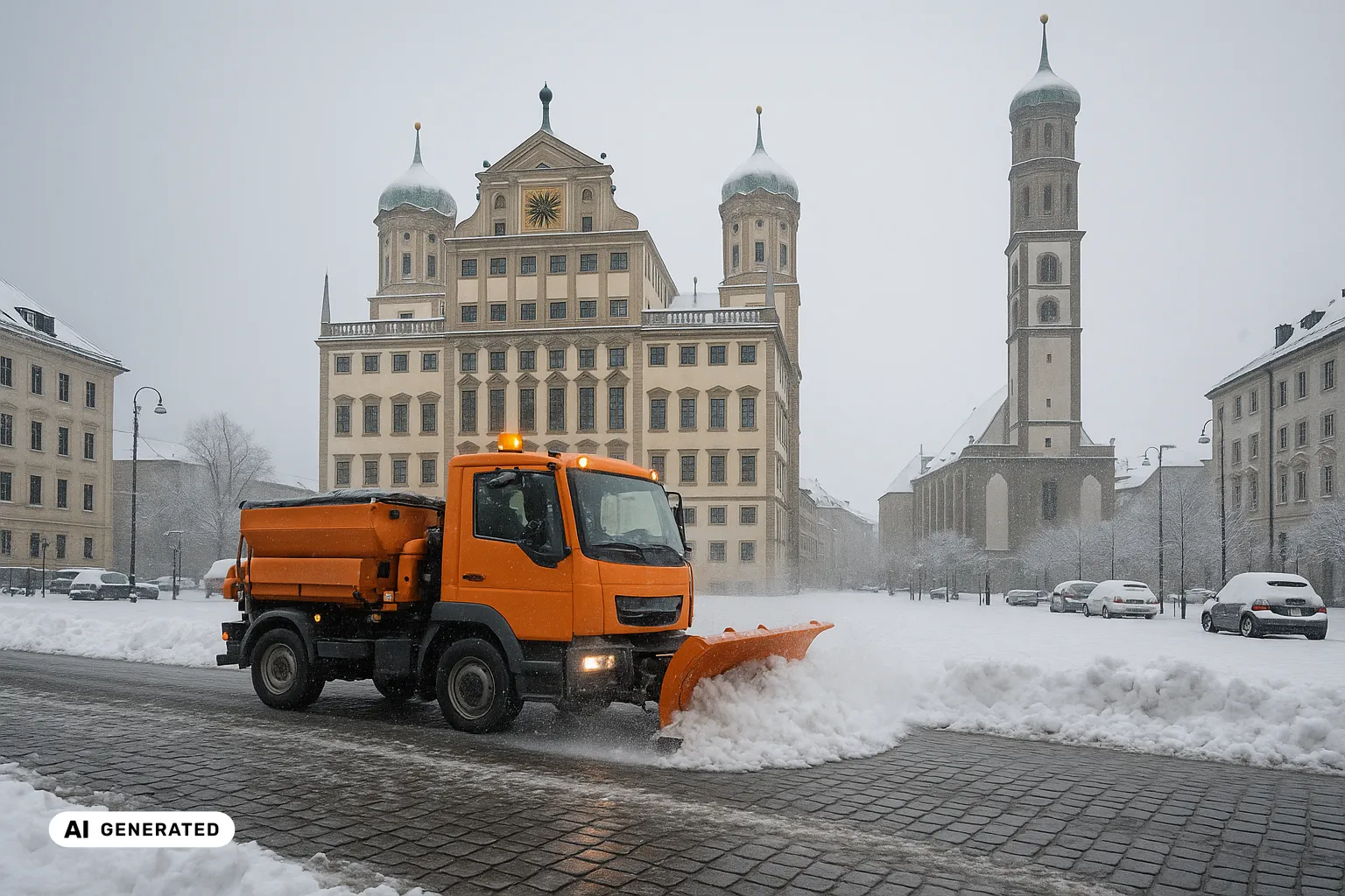 Oranges Räum- und Streufahrzeug bei der Winterräumung auf dem nass-geräumten Pflaster des Augsburger Rathausplatzes, im Hintergrund das Renaissance-Rathaus mit den zwei grünen Zwiebeltürmen und der schlanke Perlachturm bei diffusem, leicht nebligem Winterlicht (KI-generiertes Bild).