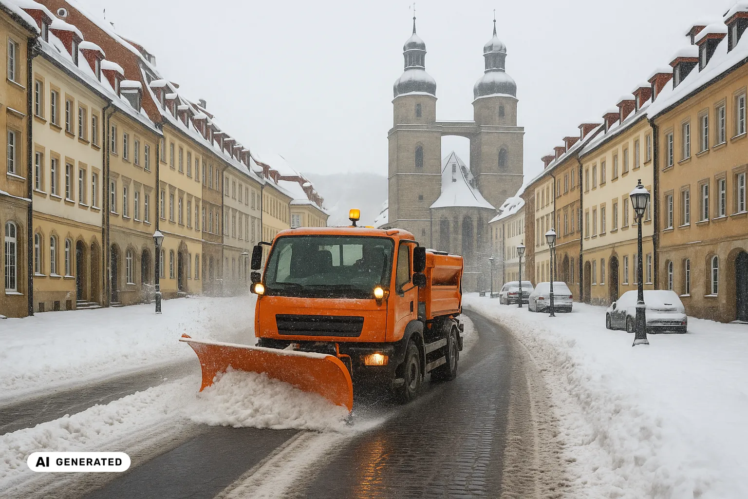 Winterlicher Blick in die barocke Altstadt von Bayreuth: ein oranges kommunales Räum- und Streufahrzeug räumt eine frisch geräumte, schneebedeckte Innenstadtstraße, dahinter pastellfarbene Barock-Bürgerhäuser und die zwei schiefergrauen Türme der Stadtkirche mit barocken Hauben und Verbindungsbrücke. (KI-generiertes Bild)