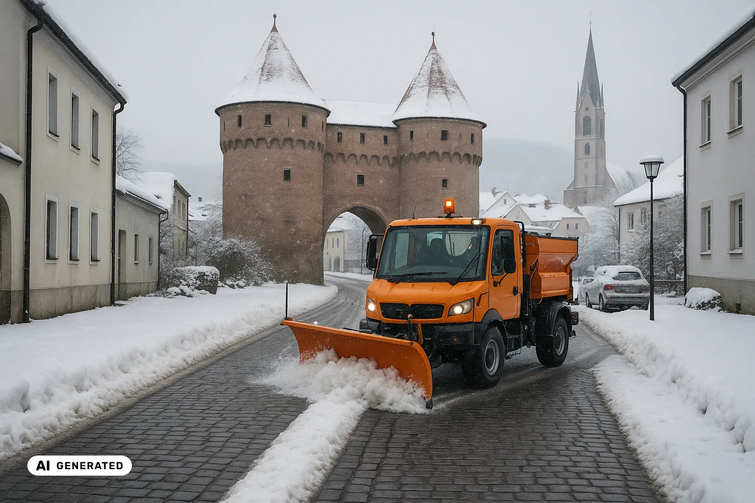 Verschneite Chamer Altstadtgasse am Regen: ein oranges Räum- und Streufahrzeug der Unimog-Klasse räumt die frisch geräumte Fahrbahn, dahinter das rote Biertor mit seinen zwei runden Tortürmen und roten Kegeldächern, im Hintergrund der hohe Spitzturm der Stadtpfarrkirche St. Jakob und schneebedeckte Hügel des Bayerischen Waldes. (KI-generiertes Bild)