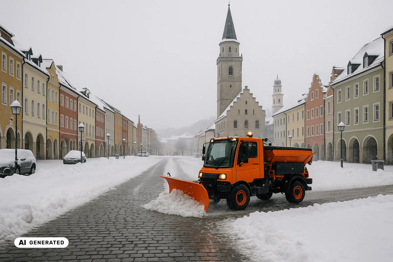 Winterlicher Stadtplatz von Deggendorf auf Straßenebene: ein orangefarbenes kommunales Räum- und Streufahrzeug räumt den frisch geräumten, nassen Platz, dahinter bunte niederbayerische Bürgerhäuser und das freistehende gotische Alte Rathaus mit hohem Stadtturm und steilem Spitzdach, im Hintergrund der barocke Grabkirchturm und die verschneiten Hügel des Bayerischen Waldes. (KI-generiertes Bild)