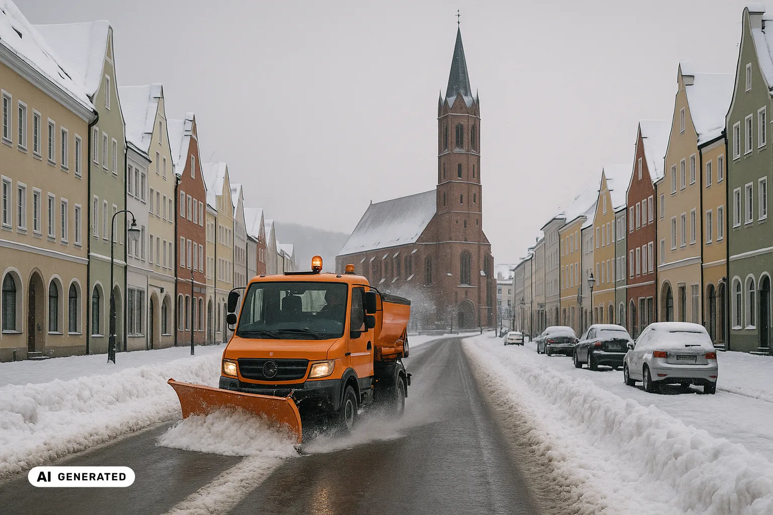 Winterlicher Blick auf den historischen Stadtplatz von Dingolfing mit bunten spätgotischen Giebelhäusern; im Vordergrund räumt und streut ein oranges kommunales Winterdienstfahrzeug die nasse, frisch geräumte Gasse, dahinter überragt der mächtige unverputzte Backsteinturm der Stadtpfarrkirche St. Johannes die verschneiten Dächer. (KI-generiertes Bild)
