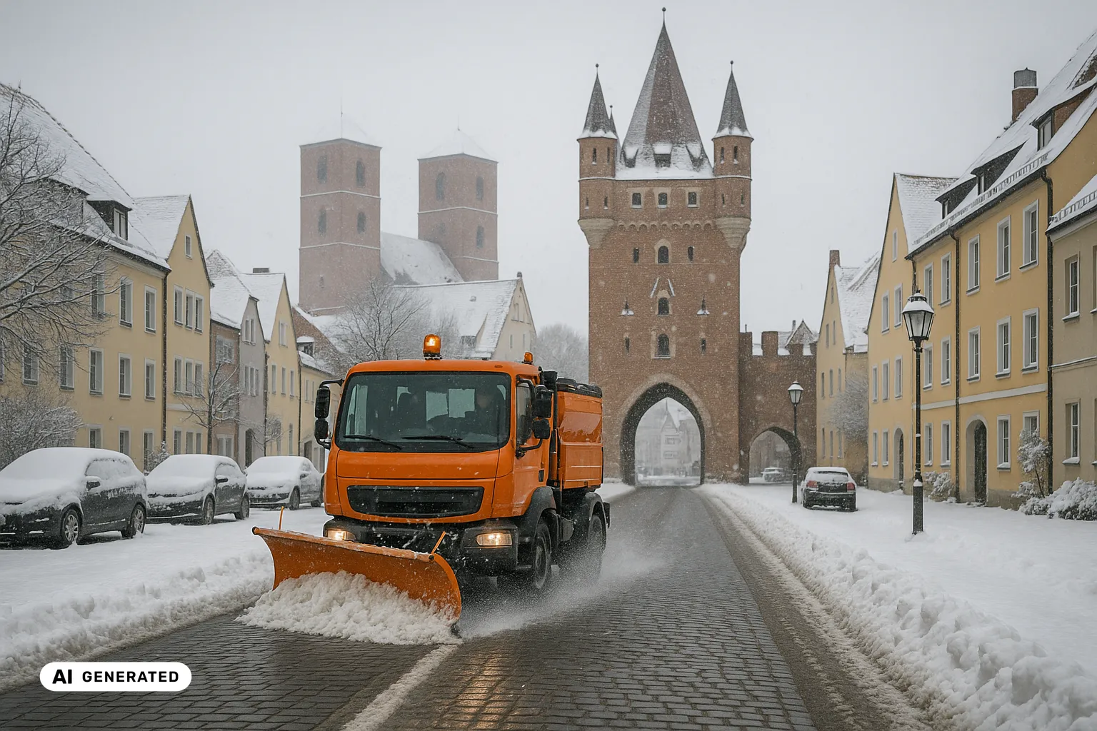 Winterlicher Blick auf das ziegelrote Kreuztor in der Altstadt von Ingolstadt; im Vordergrund räumt ein oranges kommunales Winterdienstfahrzeug mit Frontschild und Streuaufbau die nasse, frisch geräumte Straße, dünner Schnee auf Dächern und Bäumen, leichter Talnebel (KI-generiertes Bild).