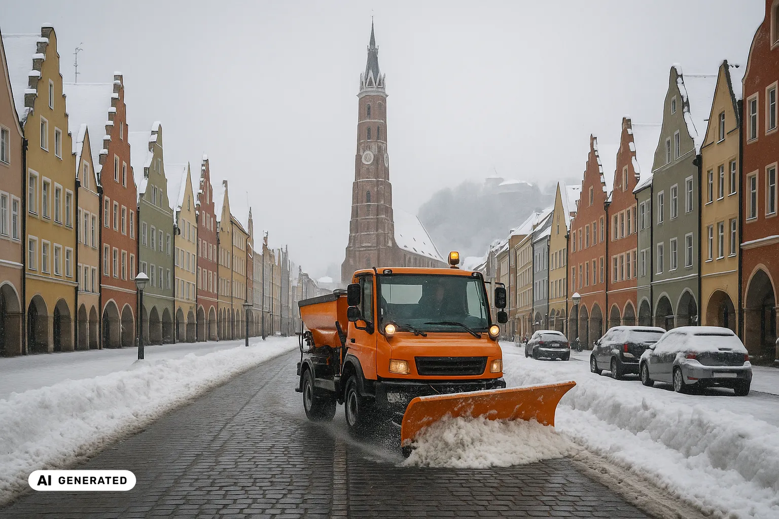 Winterlicher Blick über die breite Altstadtgasse von Landshut: ein oranges kommunales Räum- und Streufahrzeug räumt die schneematschige Straße, gesäumt von bunten gotischen Giebelhäusern, im Hintergrund der überhohe schlanke Backsteinturm von St. Martin und die Burg Trausnitz auf dem bewaldeten Hügel (KI-generiertes Bild).