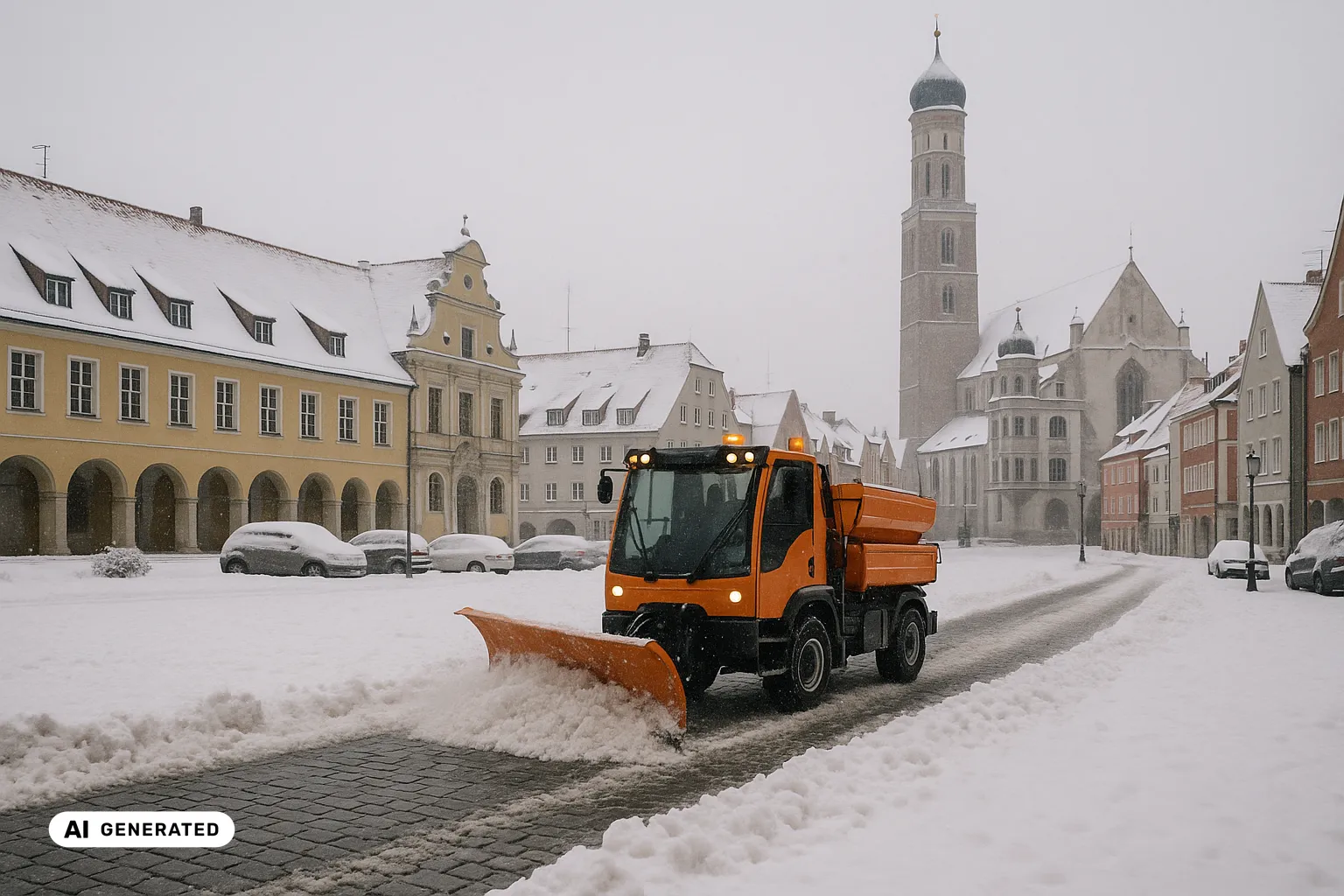 Verschneiter Marktplatz der Memminger Altstadt mit der langen ockerfarbenen Arkadenfassade des Steuerhauses und dem hohen Turm von St. Martin; im Vordergrund räumt und streut ein oranges kommunales Winterdienstfahrzeug die Fahrbahn. (KI-generiertes Bild)