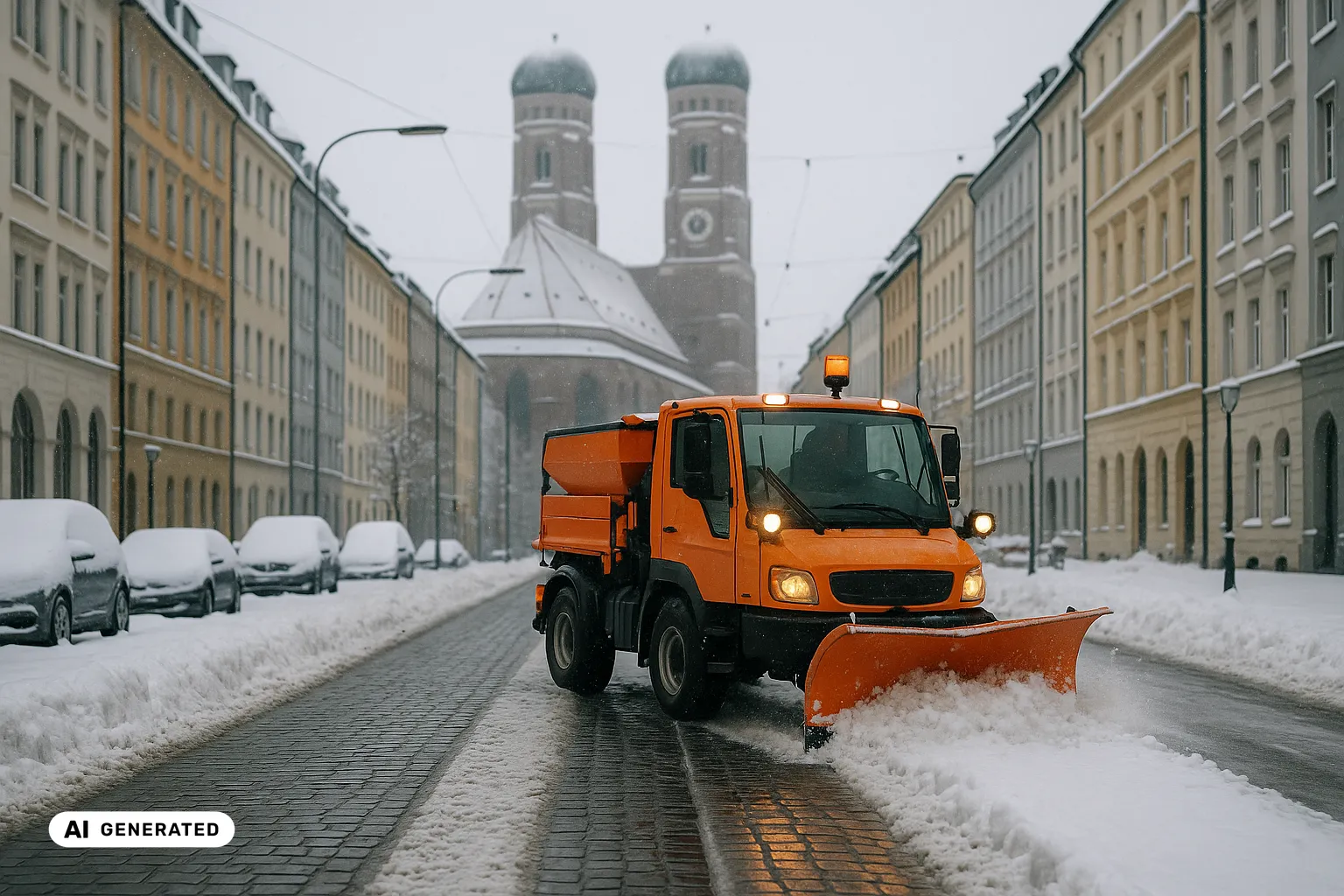 Winterlicher Blick auf eine geräumte Münchner Innenstadtstraße: ein oranges Räum- und Streufahrzeug der Unimog-Klasse räumt und streut Splitt, dahinter schneebedeckte Altstadtdächer, im Hintergrund die beiden Türme der Frauenkirche mit ihren grünen Zwiebelhauben (welsche Hauben). (KI-generiertes Bild)