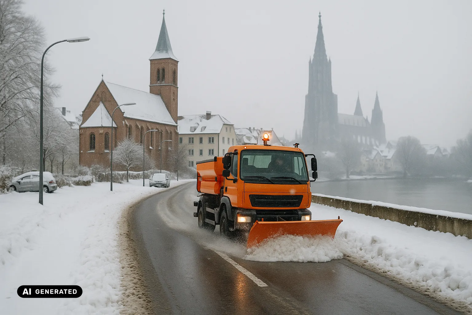 Winterlicher Blick von der Neu-Ulmer Donaupromenade: Im Vordergrund räumt und streut ein oranges kommunales Winterdienstfahrzeug die nasse, frisch geräumte Uferstraße, dahinter die rote Backstein-Petruskirche mit grünem Kupferturm; jenseits der nebelverhangenen Donau überragt der einzelne, sehr hohe gotische Steinturm des Ulmer Münsters die Skyline. (KI-generiertes Bild)