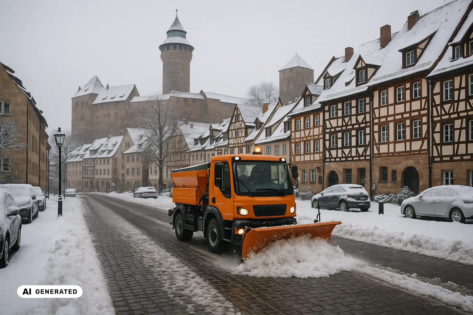 Winterlicher Blick auf die Nürnberger Altstadt: In einer frisch geräumten Kopfsteinpflastergasse streut ein oranges kommunales Räumfahrzeug der Unimog-Klasse, dahinter Fachwerkhäuser mit roten Ziegeldächern und hoch über der Stadt die Kaiserburg mit dem runden Sinwellturm unter grauem Winterhimmel (KI-generiertes Bild).