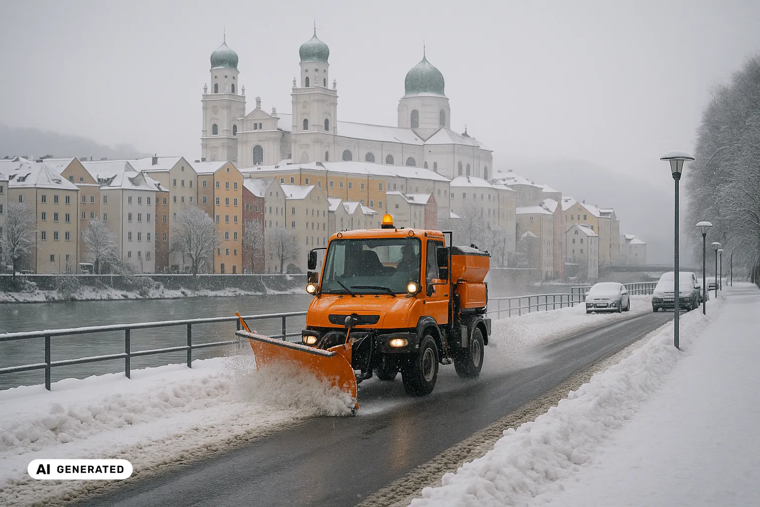 Verschneite Altstadtgasse an einer Flussmündung; ein Unimog mit Räumschild und Streuaufbau räumt die Uferstraße (KI-generiertes Bild).