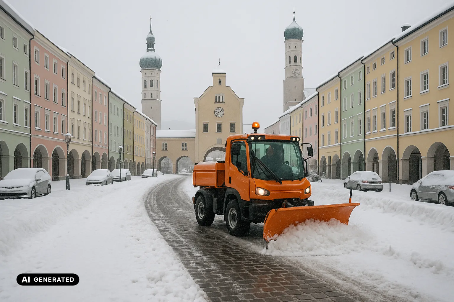 Winterlicher Max-Josefs-Platz in Rosenheim mit dem Mittertor und seiner grünen Zwiebelhaube, bunten Inn-Salzach-Bürgerhäusern mit Arkaden und einem orangefarbenen Räum- und Streufahrzeug auf der frisch geräumten Pflasterfläche (KI-generiertes Bild).