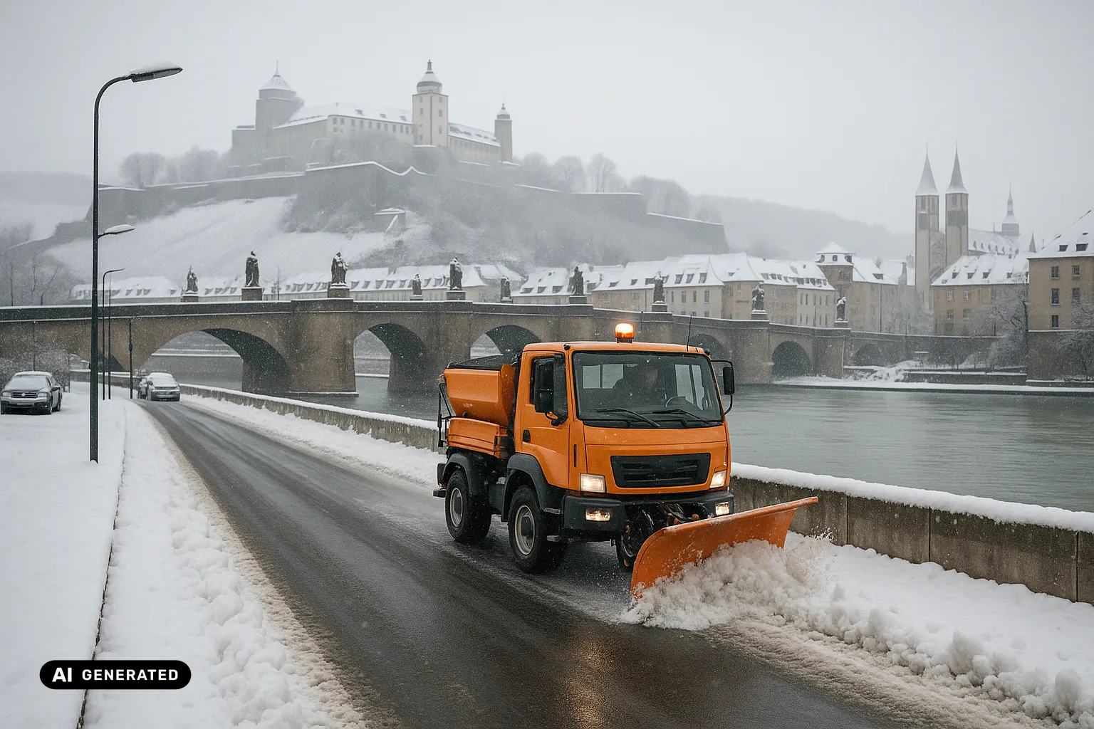 Winterlicher Blick über den Main auf die Alte Mainbrücke mit ihren barocken Sandstein-Heiligenfiguren und die Festung Marienberg auf dem weinbergbestandenen Hügel über Würzburg; im Vordergrund räumt und streut ein oranges kommunales Winterdienstfahrzeug die nasse Uferstraße, dünner Schnee und Flussnebel, kühl-graues Licht. (KI-generiertes Bild)