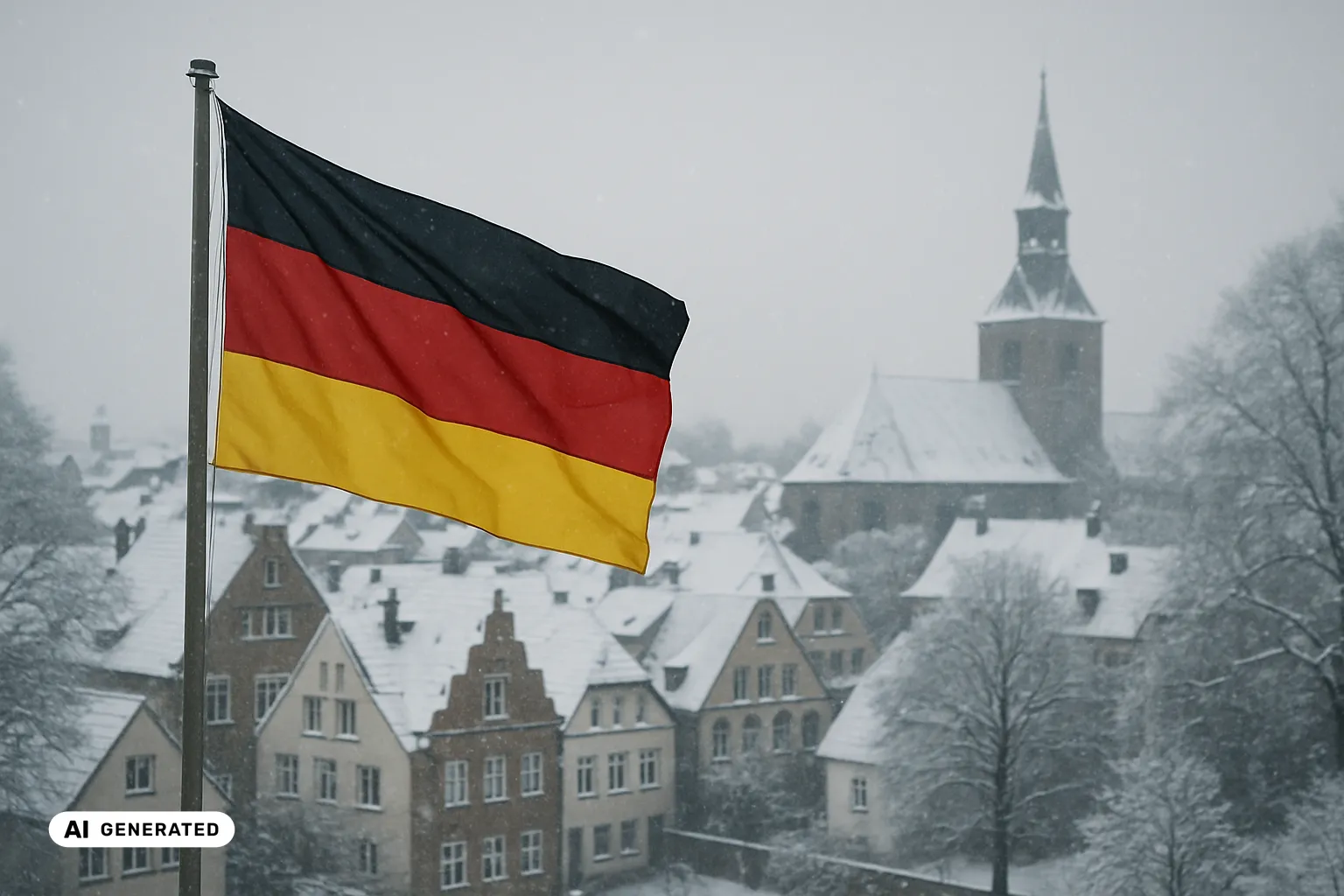 Eine Deutschland-Flagge in Schwarz-Rot-Gold weht vor den verschneiten Giebeldächern und dem Kirchturm einer winterlichen deutschen Altstadt bei leichtem Schneefall. (KI-generiertes Bild)